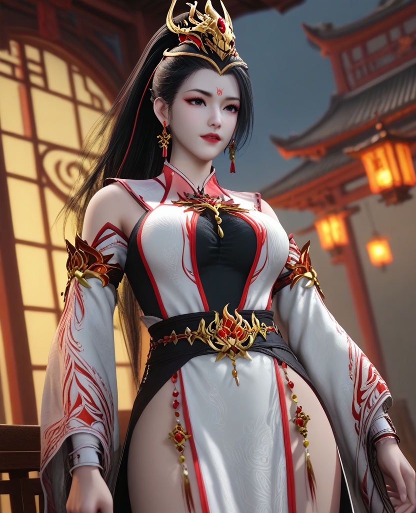 (oriental architecture, elegant decor, sophisticated style:1.1),(Standing near a window, gazing outside with a wistful expression,:1.1),clenched teeth,(large breasts:1.2),<lora:XL16师兄啊师兄玖酒:0.95>,miss jiujiu,white dress,forehead mark,black hair,ponytail,long hair,hair ornament,jewelry,earrings,black slip dress,red lips,, score_9,score_8_up,score_7_up,score_6_up,score_5_up,score_4_up,3d rendering,tag1,tag2, Cinematic Lighting,backlighting,