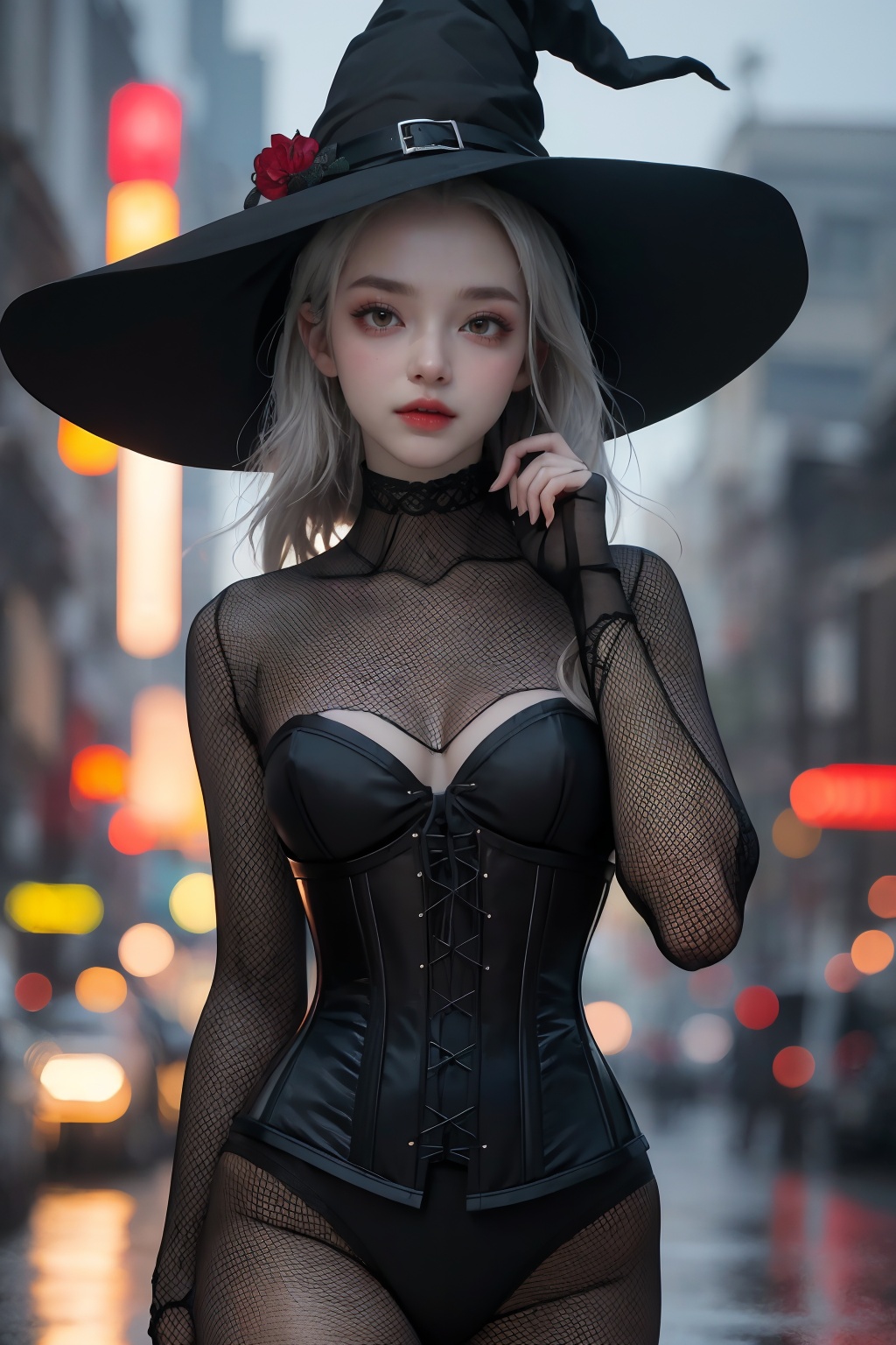 (best quality:1.4),(masterpiece:1.4),(absurdres:1.4),(intricate details:1.2),(looking at viewer:1.4),(cinematic:1.2~1.4),(cinematic lighting:1.2~1.4),(character on center:1.2),(darkness),(lady:1.2),(shiny skin:1.2),(pale skin:1.2),(alive skin:1.2),ocean,Walking with an umbrella in the rain, looking up with a sense of optimism and hope,Eyeshadow palette,(black net zentai:1.2), witch hat, (corset:1.1),