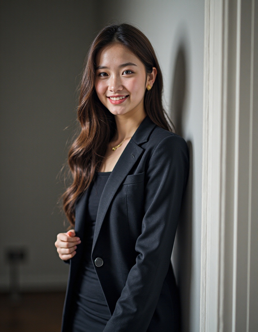 film grain, realistic, photorealistic,1girl, solo, looking at viewer, dress, long hair, smile, suit, upper body,