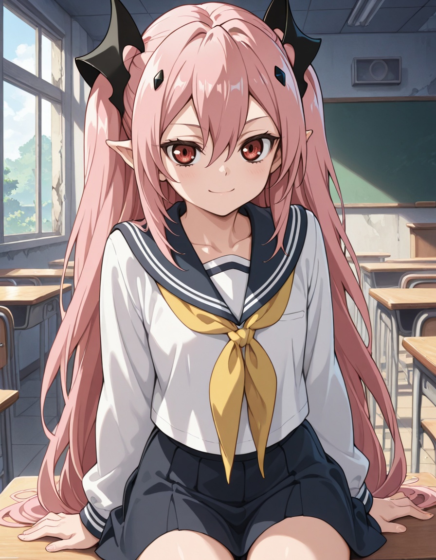 masterpiece, best quality, amazing quality,1girl, arm support, cowboy shot, solo, looking at viewer, smile,<lora:krul_tepes-owari_no_seraph_s2-ixl-anime-soralz:1>, krul tepes (owari no seraph), long hair, pink hair, two side up, hair between eyes, sidelocks, red eyes, pointy ears, hair ornament, school uniform, serafuku, long sleeves, yellow neckerchief, sitting, indoors, classroom, ruins, 