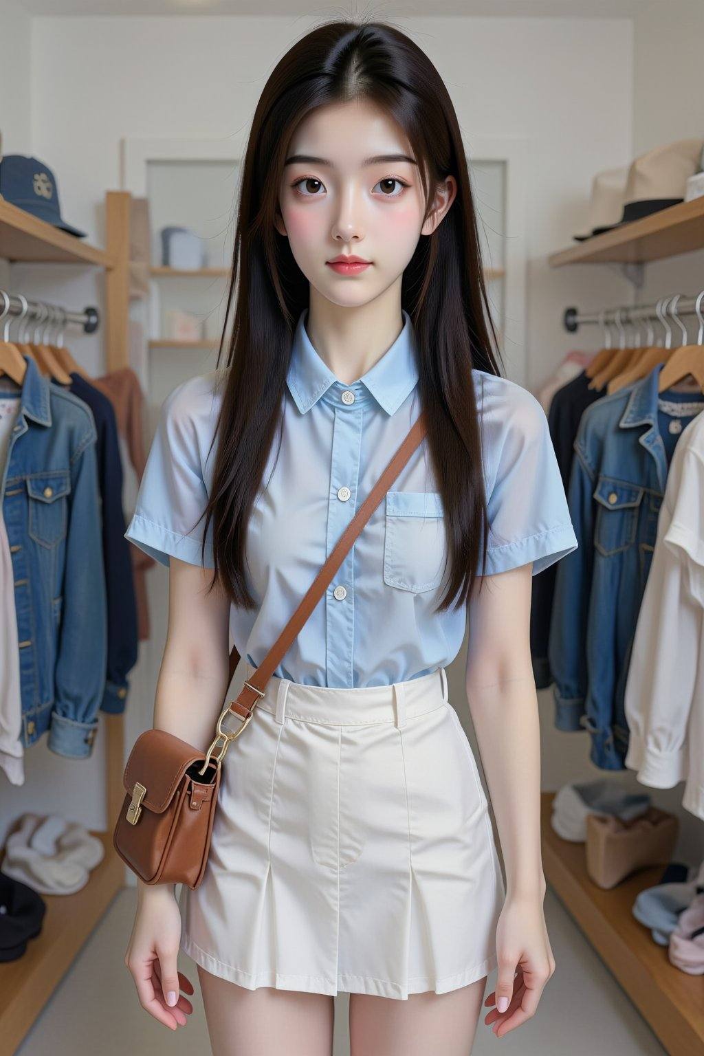 A young East Asian woman,  appearing to be in her late teens or early twenties,  stands centered in a clothing store. She...