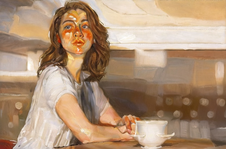 1girl,brown hair,sideways,a cup  on the table,Freud,oil painting,solo,<lora:fuluoyideV3:0.9>,masterpiece,best quality,