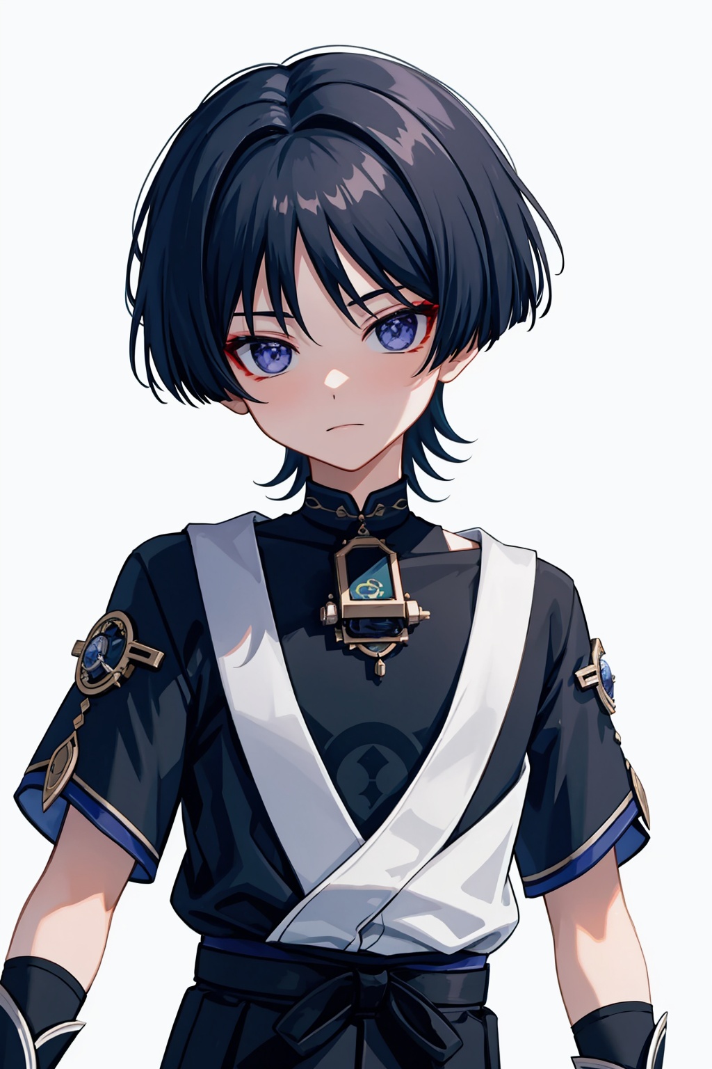 masterpiece,best quality, highly detailed, scaramouche (genshin impact),1boy,male focus,solo,simple background,short sleeves,looking at viewer,closed mouth,black shirt<lora:scaramouche_(genshin_impact):1>,simple background,white background