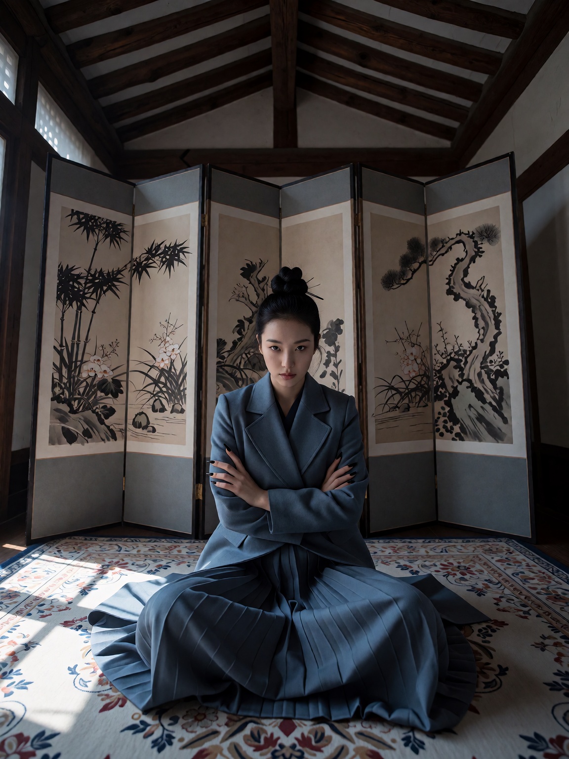The korean woman sits cross-legged on an ornate rug,  her arms folded tightly across her chest as she gazes directly into...