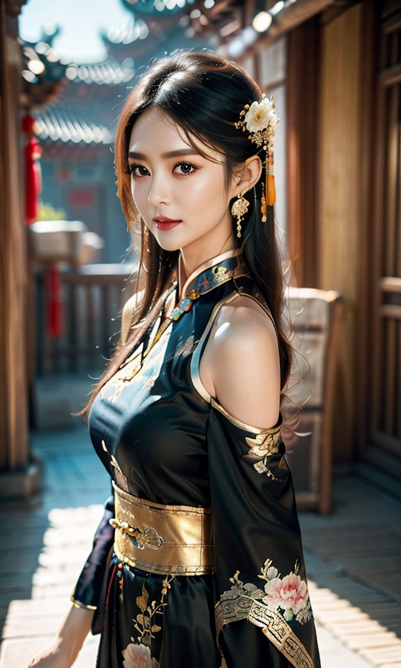 best quality,highres,realistic,photography,beautiful details,Volumetric lighting,xiju,1 girl,solo,black hair,hair ornament,makeup,long hair,chinese clothes,(bule clothes:1.4),(golden decorative lines:1.2),looking at viewer,cowboy shot,large breasts,sleeveless,off shoulder,short skirt,high fork,headdress,eyeshadow,The background is Chinese ink wash landscape painting,blur the background,ultra high ers,(photorealistic:1.4),