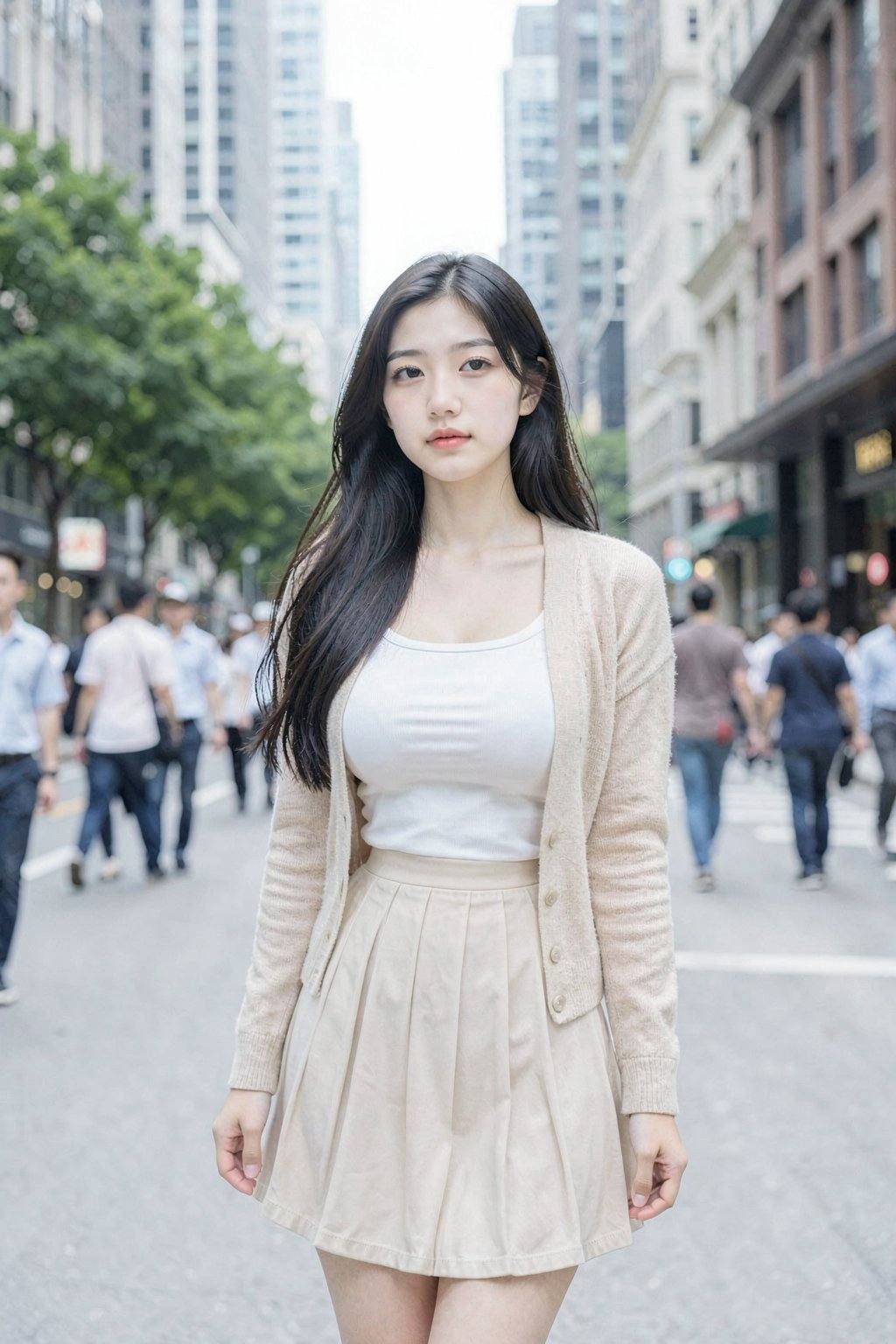 This is a photograph of a young Asian woman with long, dark hair, wearing a white **** top and beige cardigan with matching pleated skirt. She stands in a city street, surrounded by blurred pedestrians and tall buildings. Her expression is neutral, and she is slightly leaning forward. The background includes green trees and a mix of modern and traditional architecture. The lighting is natural, indicating daytime.