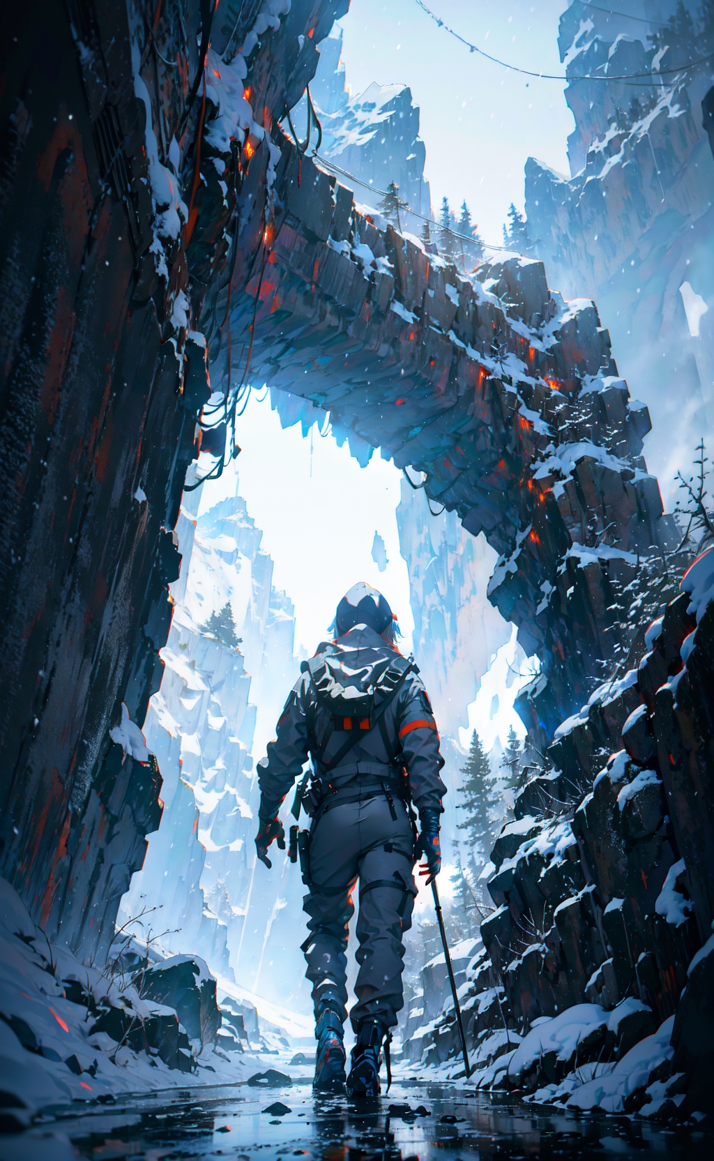 realistic photograph of Norman Reedus hiking through the mountains,  Death Stranding,  close-up on Tensor.Art