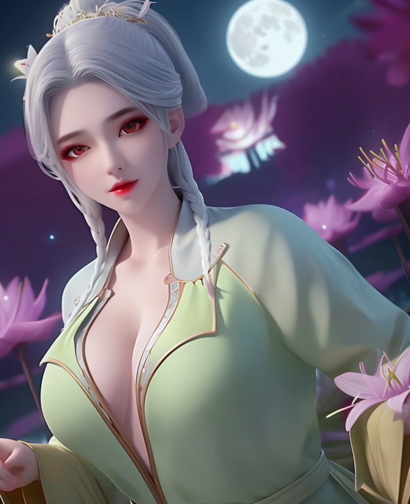 <lora:650-DA-完美世界-宁川的妈:0.8>(,1girl, ,best quality, ),looking at viewer,  ,,ultra detailed background,ultra detailed background,ultra realistic 8k cg, ,masterpiece, spider lily,full moon, (cleavage), (),