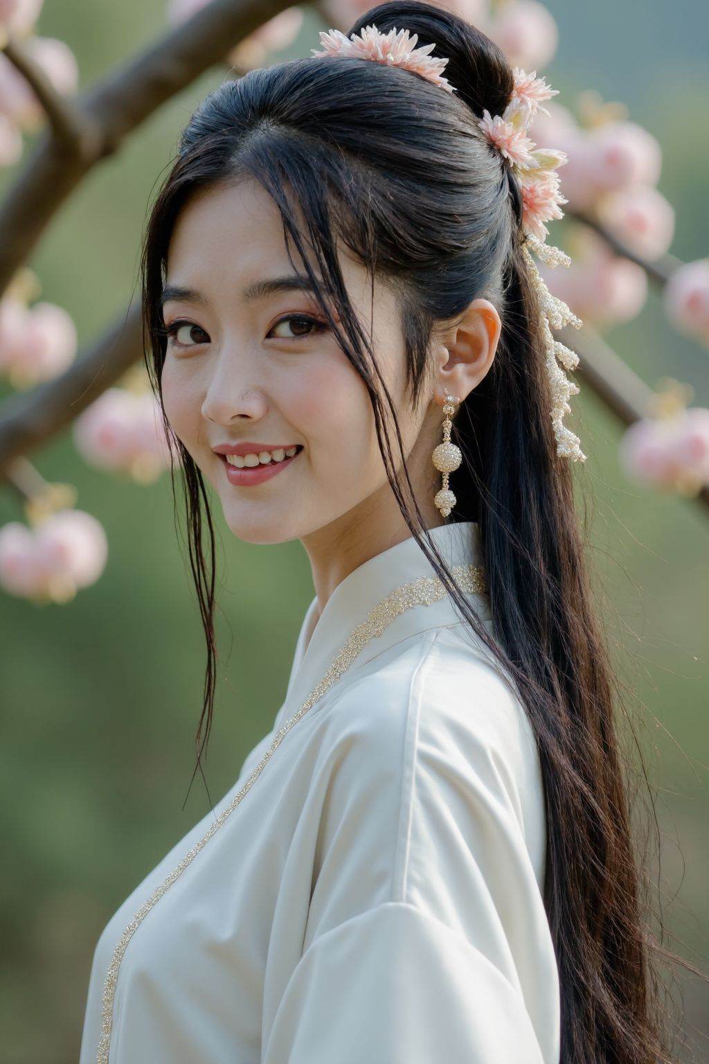 HDR photo of cinematic film still large breasts,extremely slim waist,The image is a high-resolution photograph of a young Asian woman, solo,long hair,looking at viewer,smile,black hair,hair ornament,long sleeves,jewelry,closed mouth,upper body,flower,earrings,hair flower,skirt,white chinese clothes,hanfu,realistic,hair stick,outdoors,tree,flowers, . shallow depth of field, vignette, highly detailed, high budget, bokeh, cinemascope, moody, epic, gorgeous, film grain, grainy . High dynamic range, vivid, rich details, clear shadows and highlights, realistic, intense, enhanced contrast, highly detailed