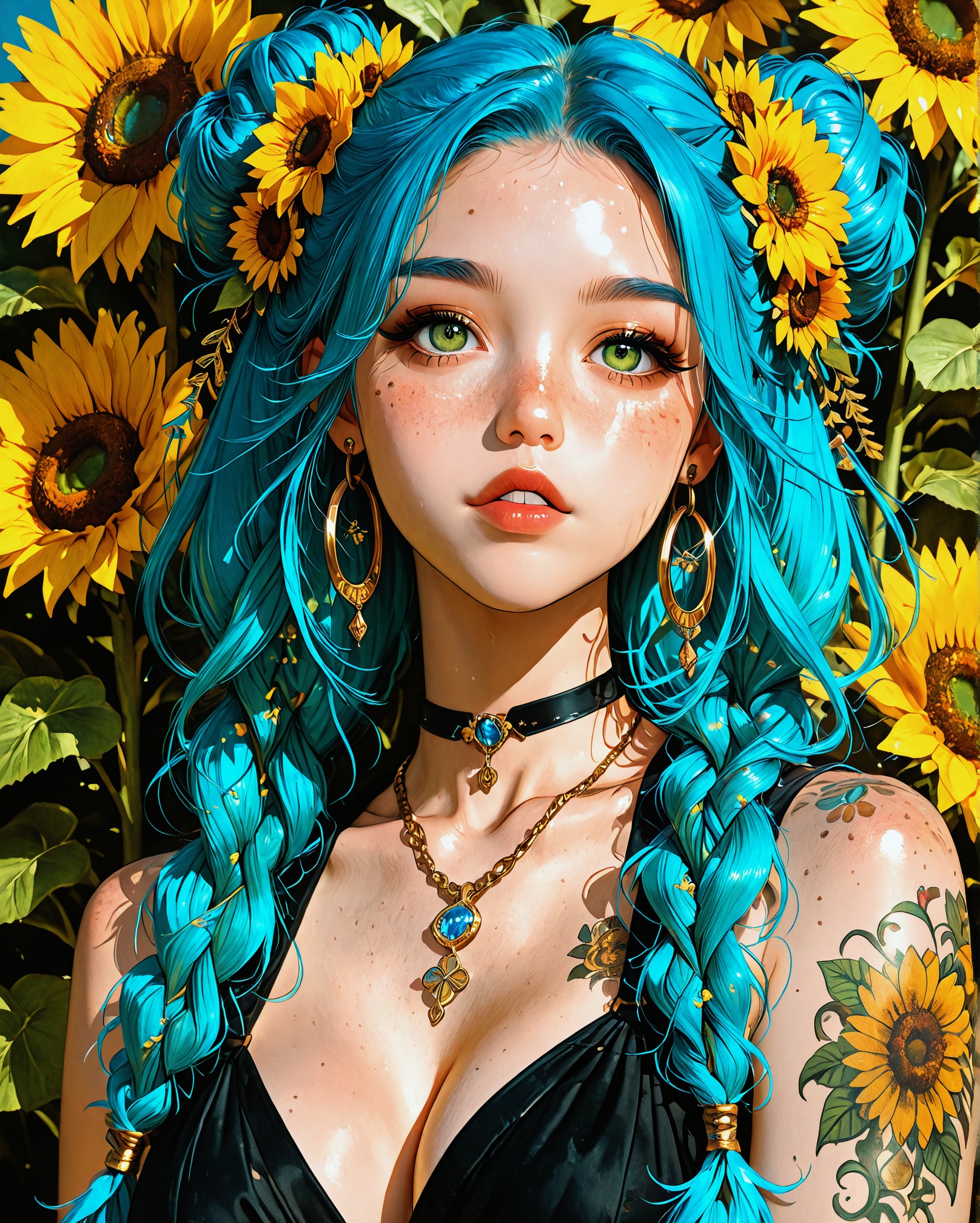 A digital illustration shoot from a portrait angle about a young woman with bright blue hair styled in two braids,  adorne...