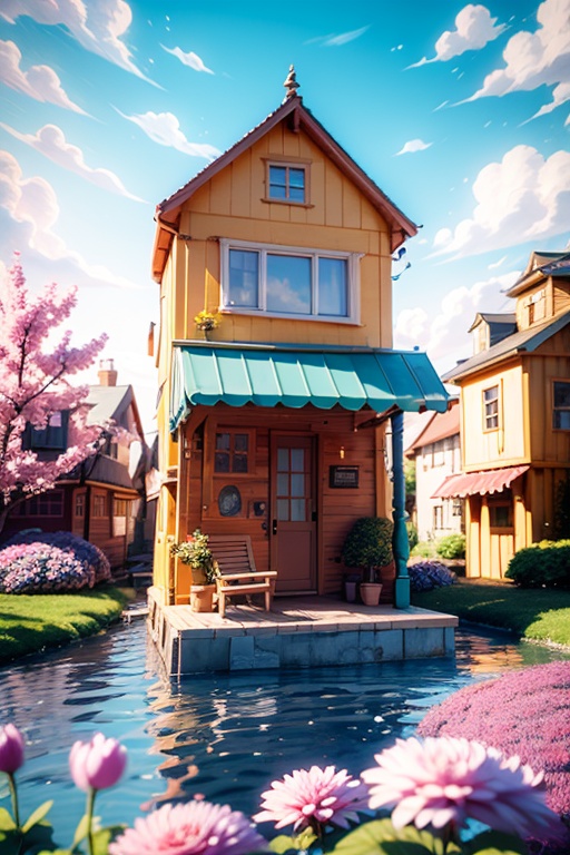 amazing, \(best quality:1.2\), Best quality, still life , 3d scene, flower, outdoors, sky, day, cloud, water, tree, blue sky, no humans, animal, scenery, fence, sun, house, cow