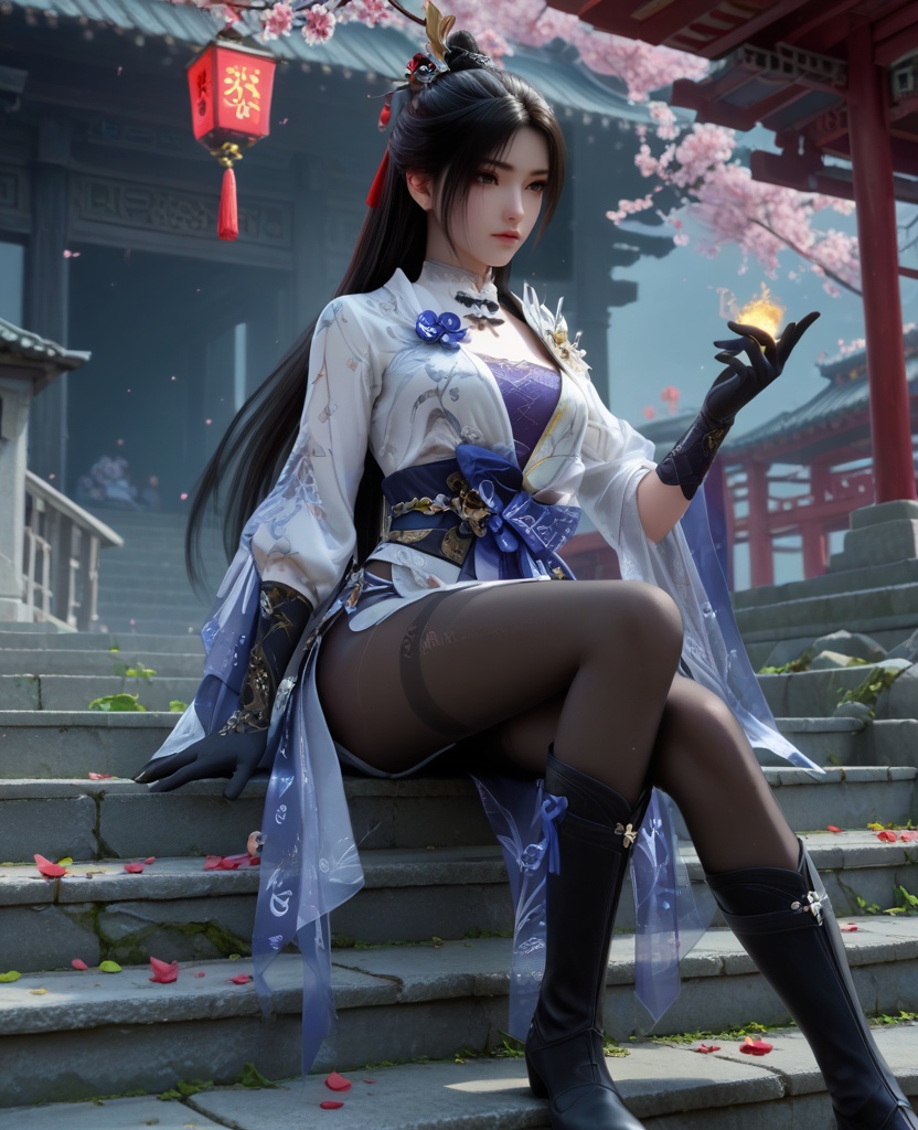 (oriental architecture, elegant decor, sophisticated style:1.1),(Sitting on a staircase with legs stretched out, taking a moment to rest,:1.1),(breasts:1.2),<lora:XL32顾清寒冰雁:0.95>,miss guqinghan,white dress,purple lingerie,sash,black hair,long hair,hair ornament,black gloves,black pantyhose,black boots,fart curtain,, score_9,score_8_up,score_7_up,score_6_up,score_5_up,score_4_up,3d rendering,tag1,tag2, Cinematic Lighting,backlighting,