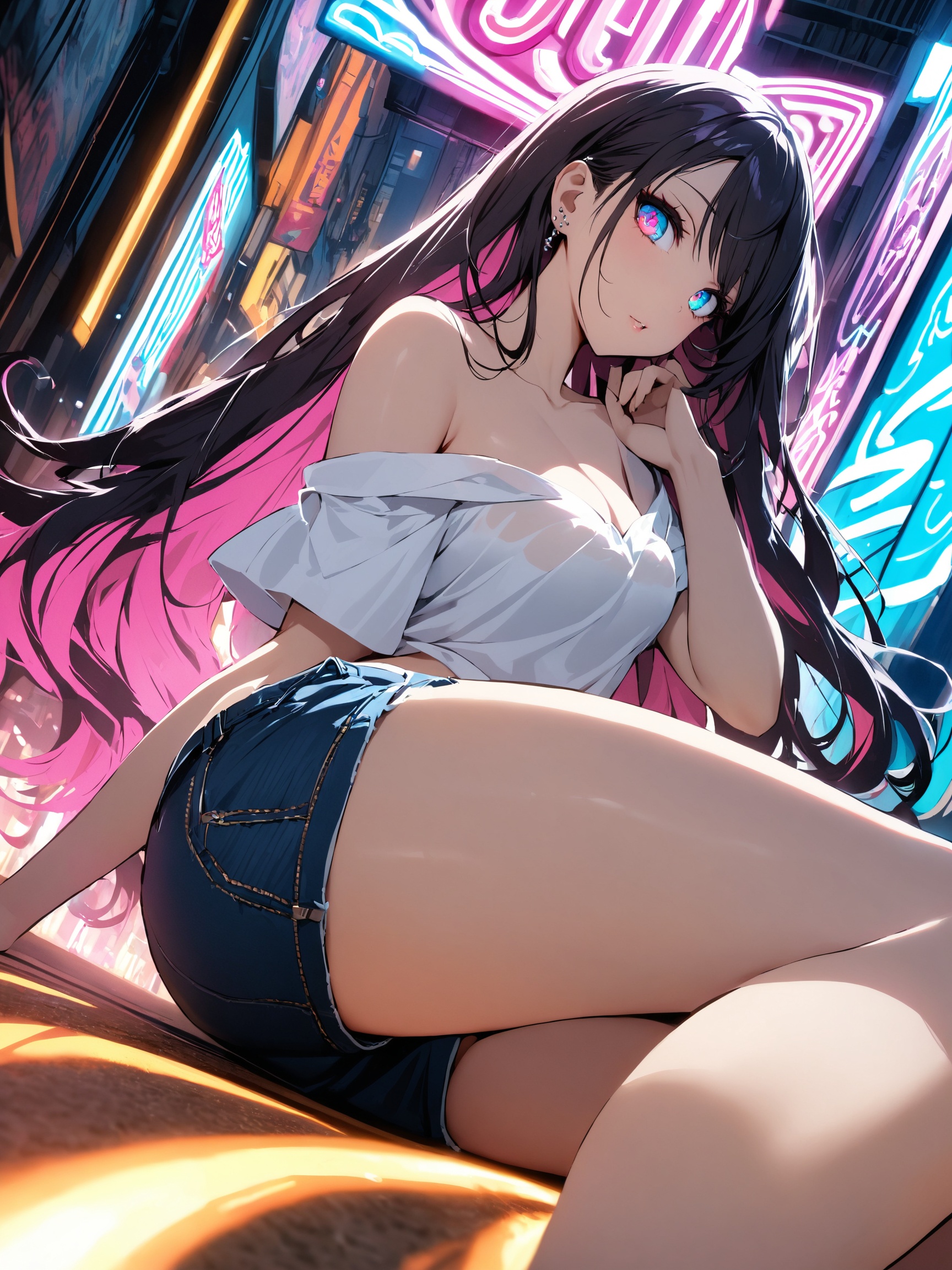 Japanese Pop Princess: A sultry J-Pop star reclines seductively from a low angle,  stomach grazing the floor as she lies o...