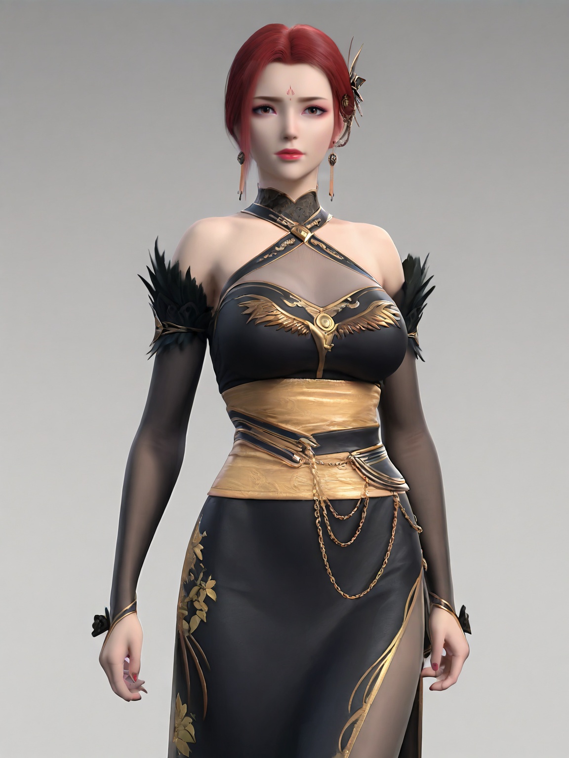 (perfect_anatomy:1.1),(looking_at_viewer:1.1),(realistic:1.3),<lora:SF_YaFei_OL20-000003:0.8>,1girl,solo,standing,red hair,jewelry,earrings,dress,hair ornament,bare shoulders,large breasts,  forehead mark,low bun,pantyhose,black dress,simple background,white background,cowboy shot,