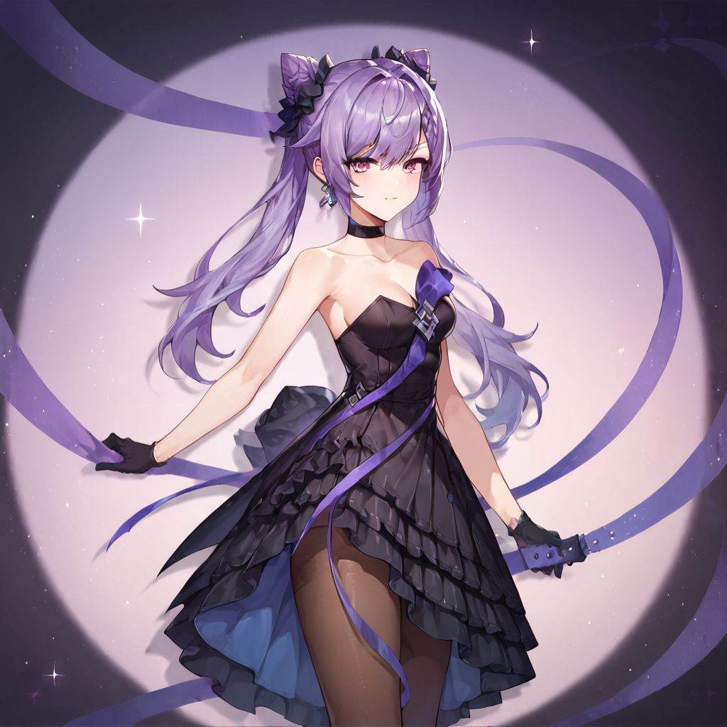 score_9, score_8_up, score_7_up, 1girl, dress, gloves, pantyhose, hair bun, solo, strapless, black dress, purple hair, looking at viewer, oneplus