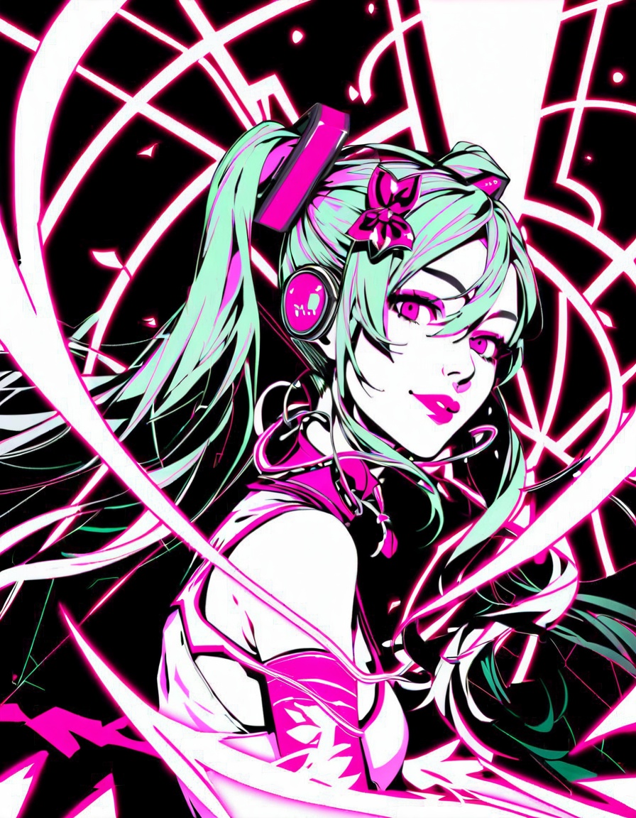 score_9,score_8_up,score_7_up,realistic,Hatsune Miku,limited palette,black background,vibrant,glowing outline,blacklight,looking at viewer,masterpiece,very aesthetic,from side,