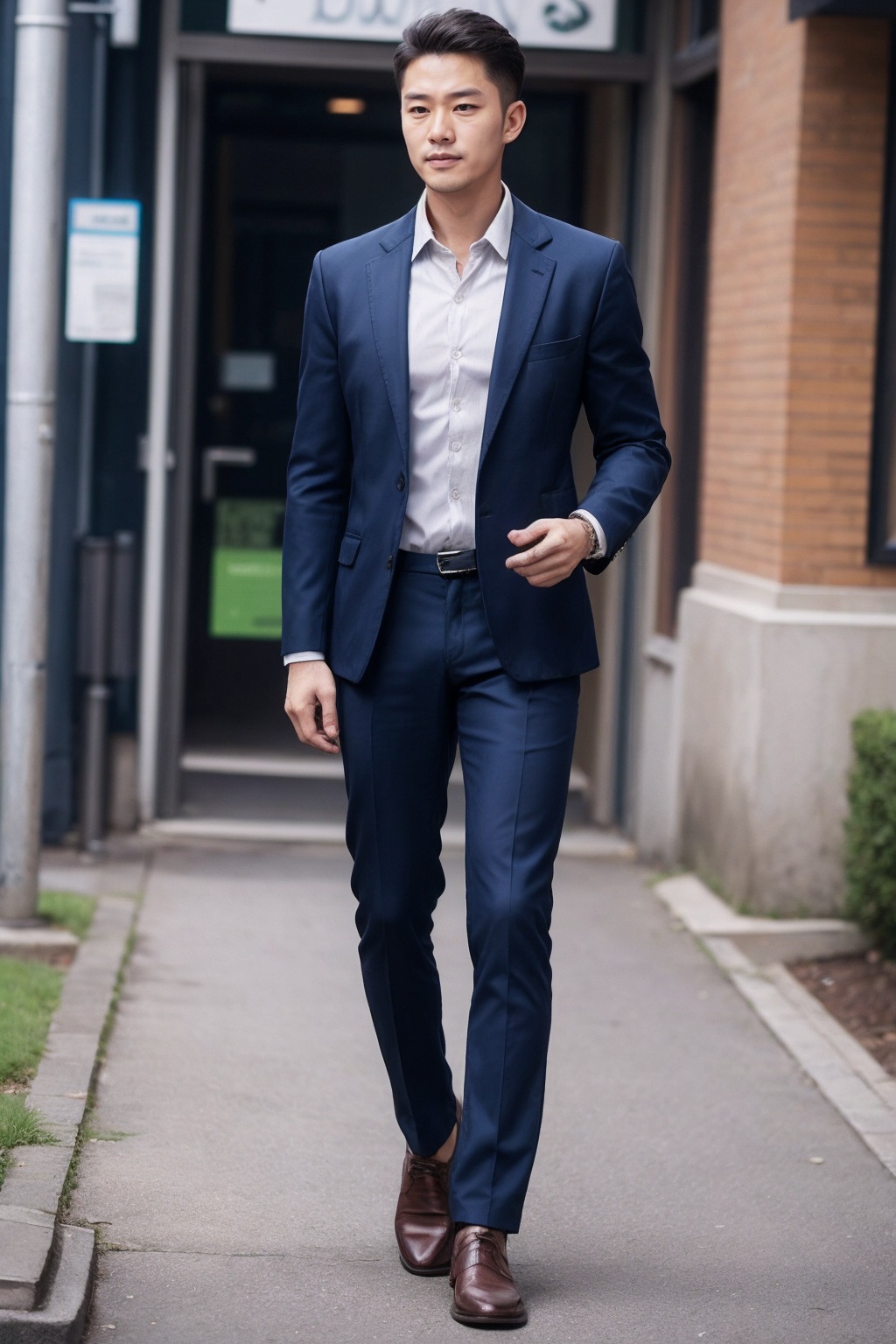 (1man:1.4),(male:1.2),(full body:1.2),(Collared shirt and blazer and suit trousers:1.4),<lora:AsianMan_4:0.8>,
