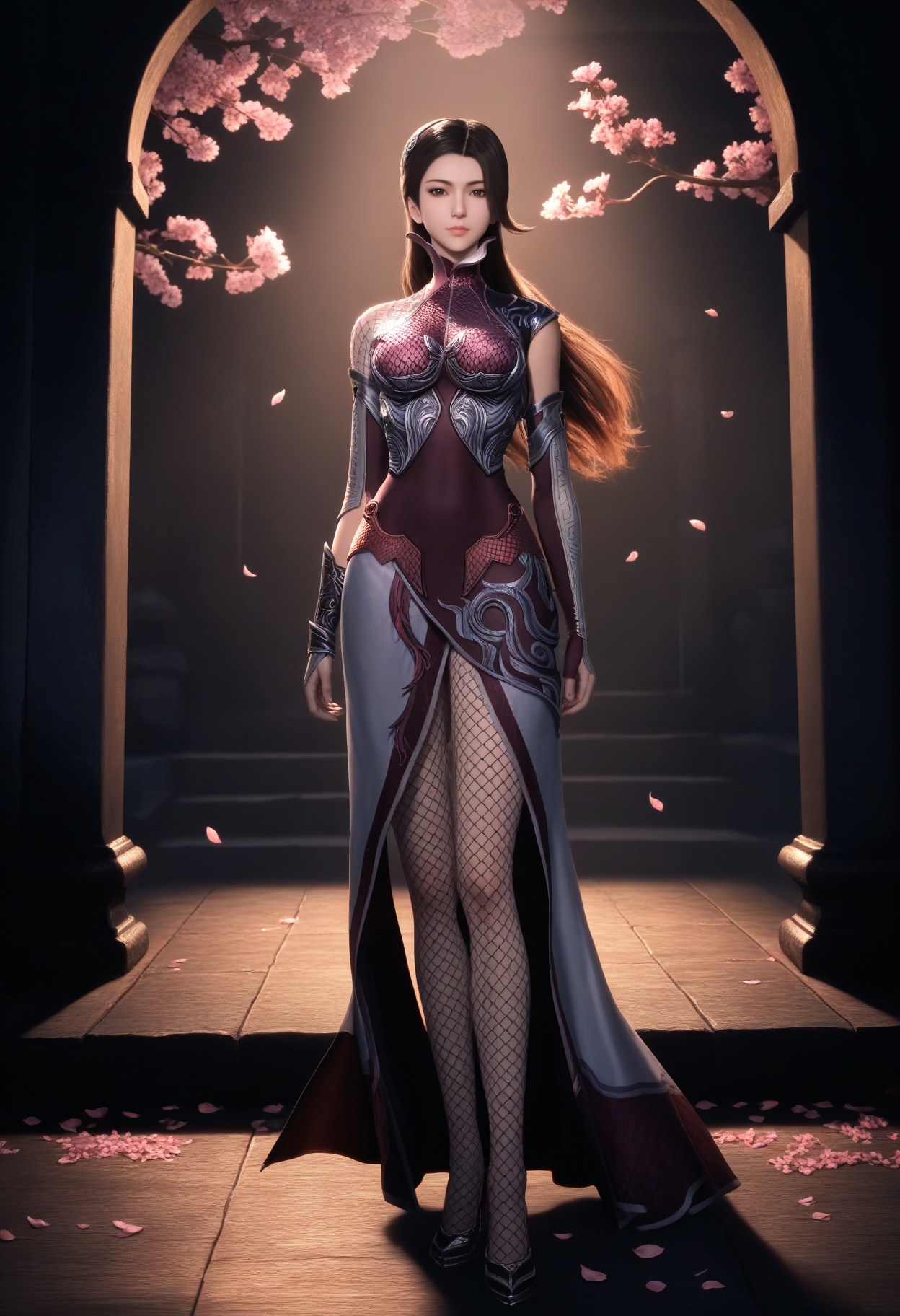masterpiece,best quality,amazing quality,very aesthetic,high resolution,ultra-detailed,absurdres,scenery,photorealistic,(looking at viewer:1.1),(Dark room:1.3),(moody lighting:1.1),peach blossom,falling petals,(large breasts:0.8),tianyan,1girl,solo,long hair,black hair,armor,brown eyes,brown hair,hair ornament,bodysuit,fishnets,fishnet pantyhose,dress,gloves,black eyes,high collar,hairband,elbow gloves,high heels,full body,standing BREAK photorealistic details,<lora:QQSilltianyanV1:0.8>,