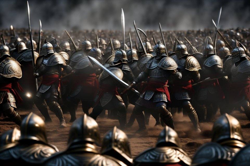 spartan warriors with their backs against each other,  shield up,  spears and swords in defensive mode on Tensor.Art