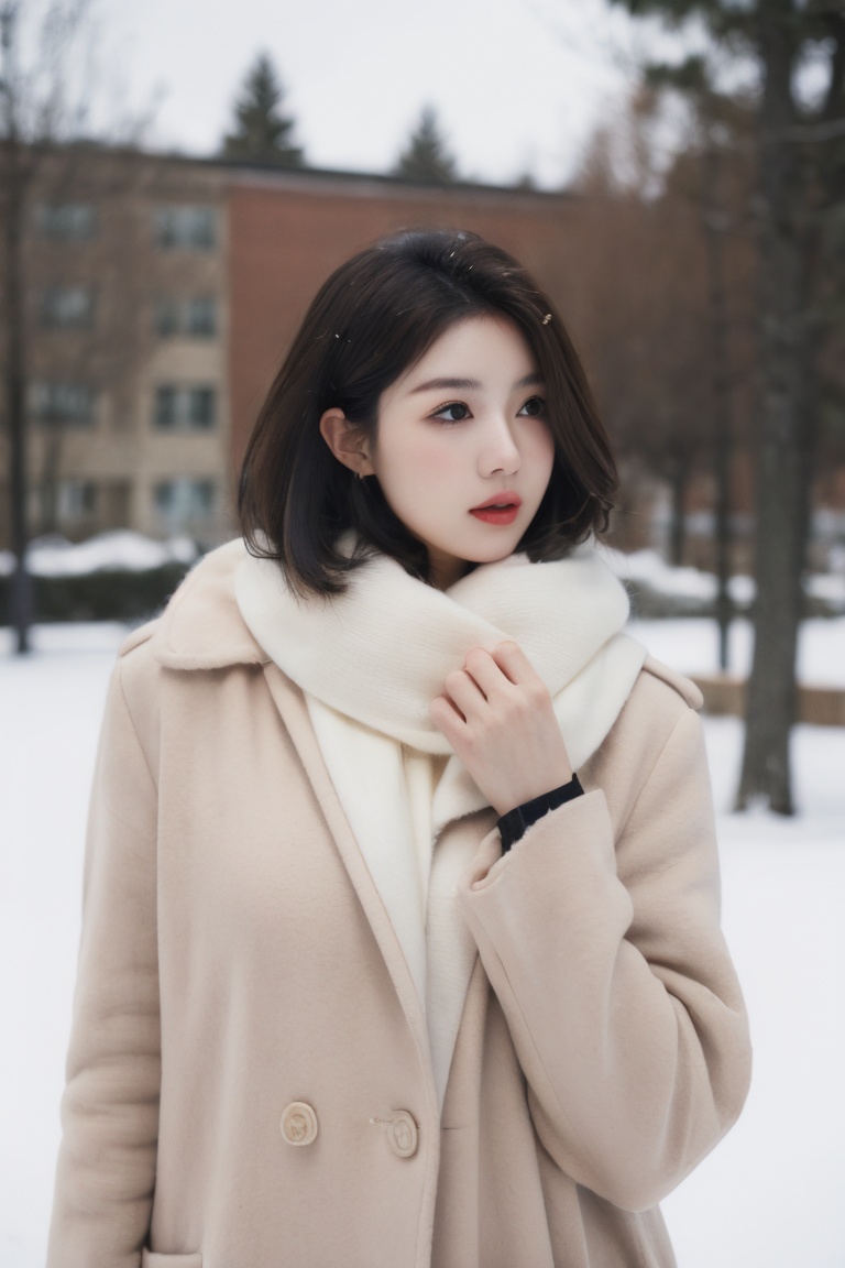 1girl,solo,parted lips,black hair,looking at viewer,best quality,masterpiece,(16k, RAW photo, best quality, masterpiece:1.2),detailed background,105mm,skin tight,(clear eyes:1.2),expressiveh,necklace,makeup,full breasts,(facial focus),beautiful features,(red coat:1.2),(white scarf:1.1),wearing thick clothes,snow,outdoors,winter,snowing,(long hair),,,,(short hair),<lora:冬日人像2.0:0.4>,<lora:LEOSAM's Instant photo 拍立得_Polaroid LoRA_InspX Borderless Version:0.3>,<lora:F60SQ:0.4>