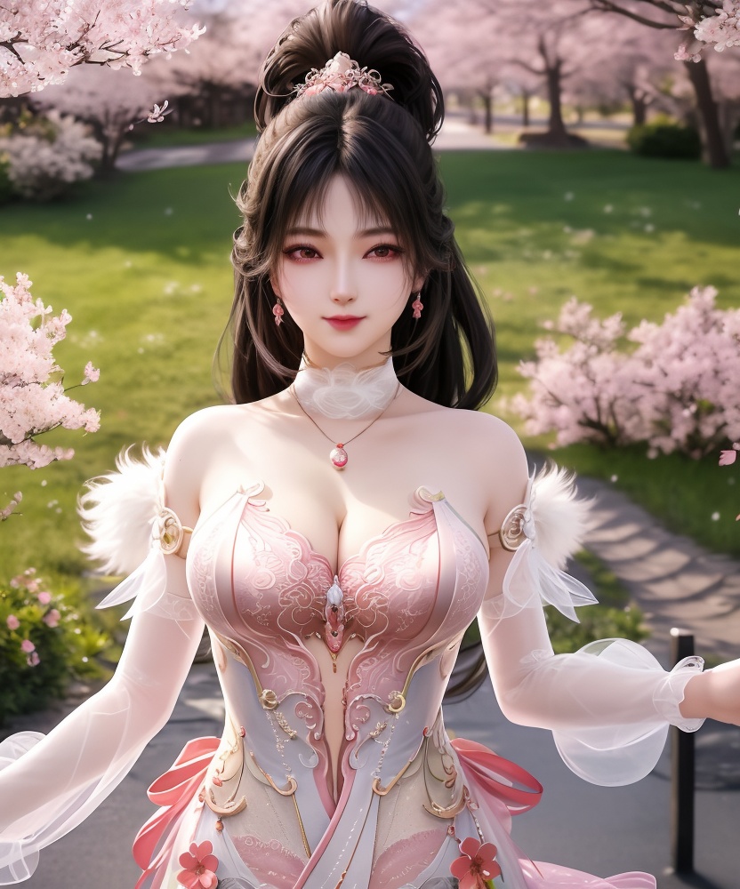 (,1girl, ,best quality, ),looking at viewer, <lora:454-DA-永劫无间-斗罗大陆-小舞:0.8> ultra detailed background,ultra realistic 8k cg,ultra detailed 8k cg,masterpiece,upper body,  (( , )),, ,science fiction,mole, ultra realistic 8k cg, ,    ,outdoors, sun,sunlight, cherry blossoms,      (cleavage), (),