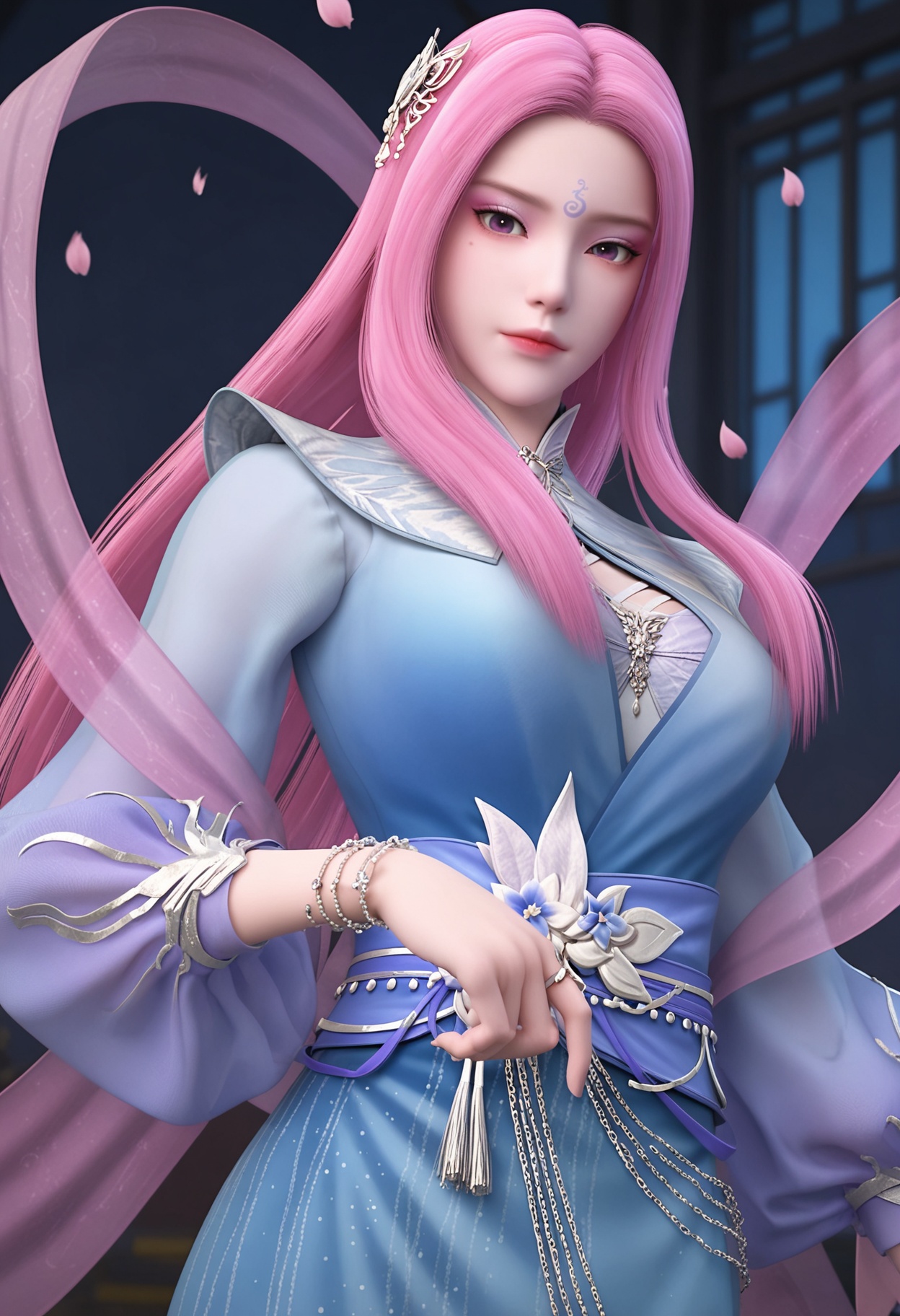 (upper_body:1.2),looking at viewer:1.1,masterpiece,(best quality),smog,Dark room,dim lighting,peach blossom,falling petals,<lora:YQ_Illustrious光辉v5_玄月_V1:0.8>,q1528437228,1girl,long hair,pink hair,solo,forehead mark,dress,hair ornament,blue dress,jewelry,sash,purple eyes,bracelet,pink eyes,shawl,long sleeves,hagoromo,