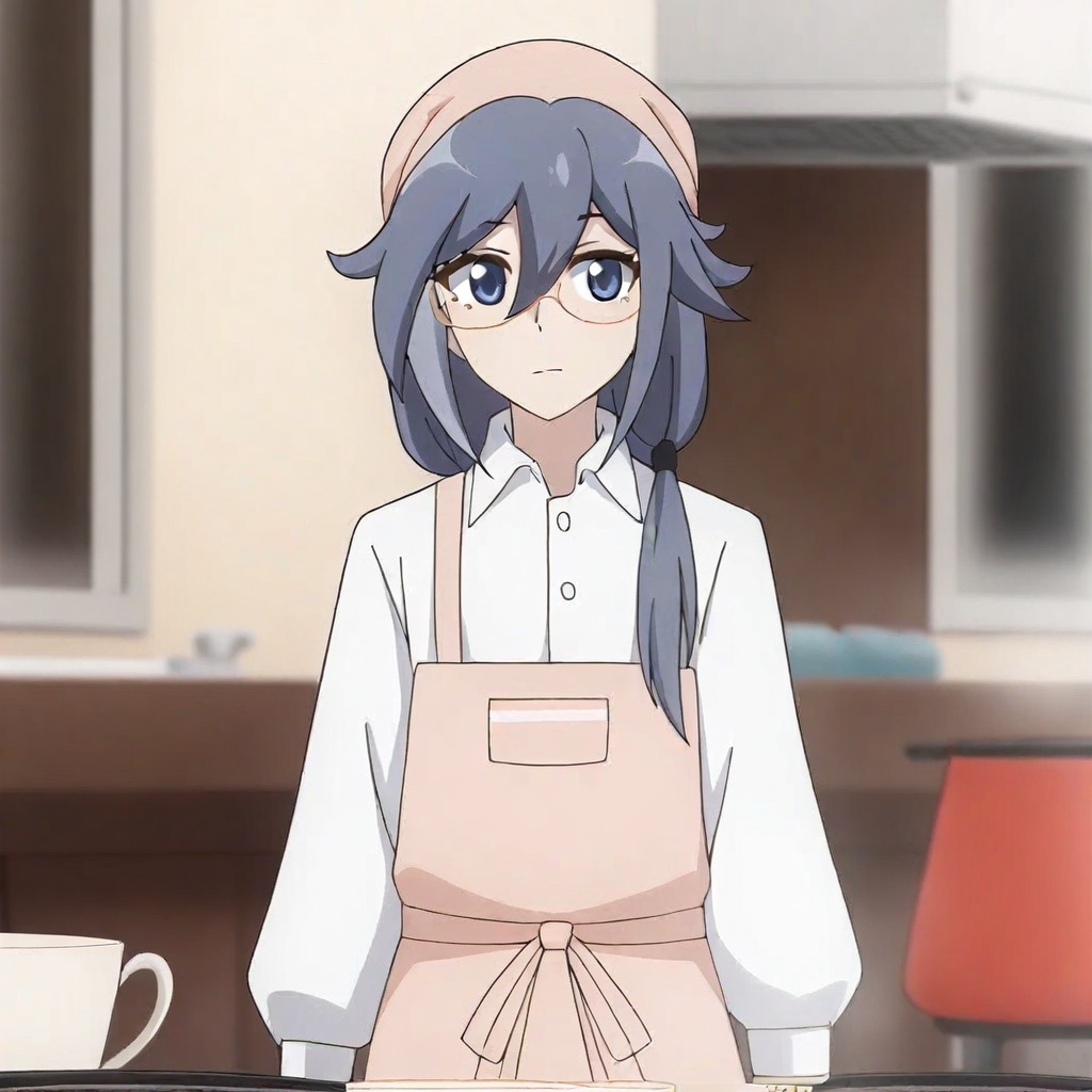 glasses, apron, shirt, white shirt, blue eyes, bangs, fu hua, pink apron, collared shirt  artist:canzhuoova, canzhuoova_style, <lora:nvwushencnzhuoova-ill:0.8>