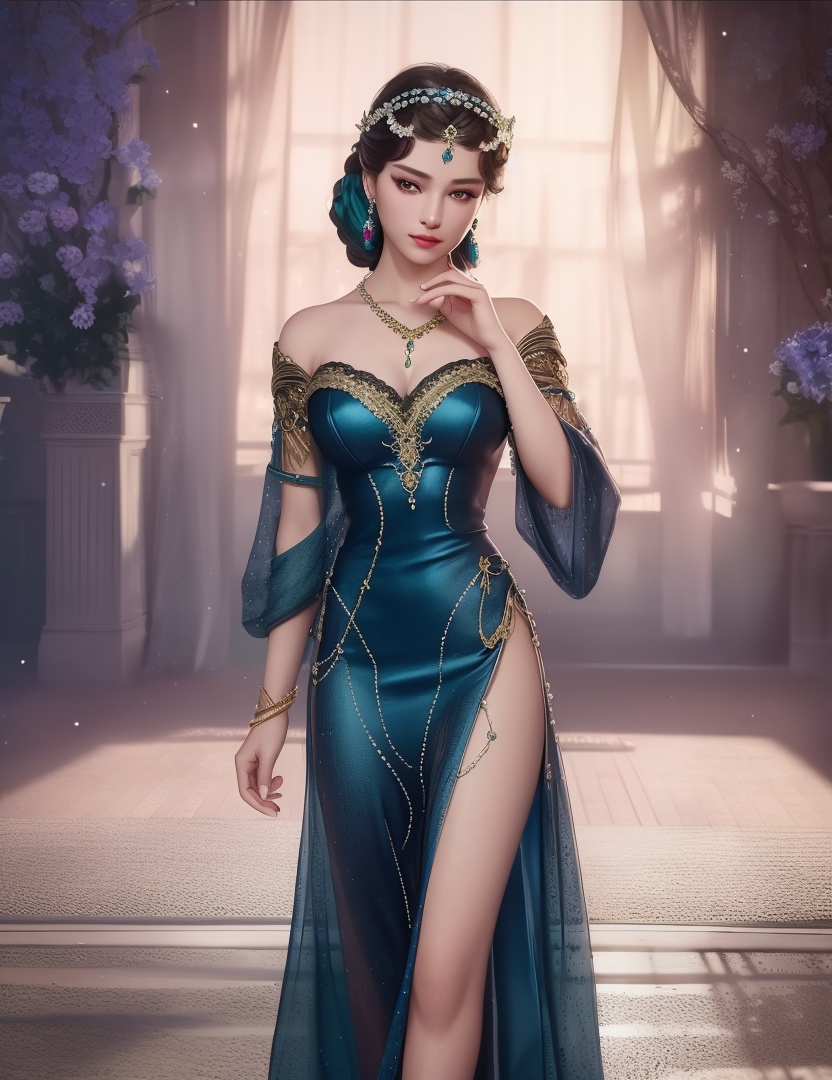 ultra realistic 8k cg, picture-perfect face, flawless, clean, masterpiece, professional artwork, famous artwork, cinematic lighting, cinematic bloom, perfect face, beautiful face, fantasy, dreamlike, unreal, science fiction,  beautiful clothes, lace, lace trim, lace-trimmed legwear,  (rich:1.4), prestige, luxury, jewelry, diamond, gold, pearl, gem, sapphire, ruby, emerald, intricate detail, delicate pattern, charming, alluring, seductive, erotic, enchanting, hair ornament, necklace, earrings, bracelet, armlet,halo((,1girl, pov,))(((,  1girl,  solo,looking at viewer, ))),(((1girl, solo, dress, jewelry)))<lora:DA_WhiteSnakeGreenSnake:0.7>