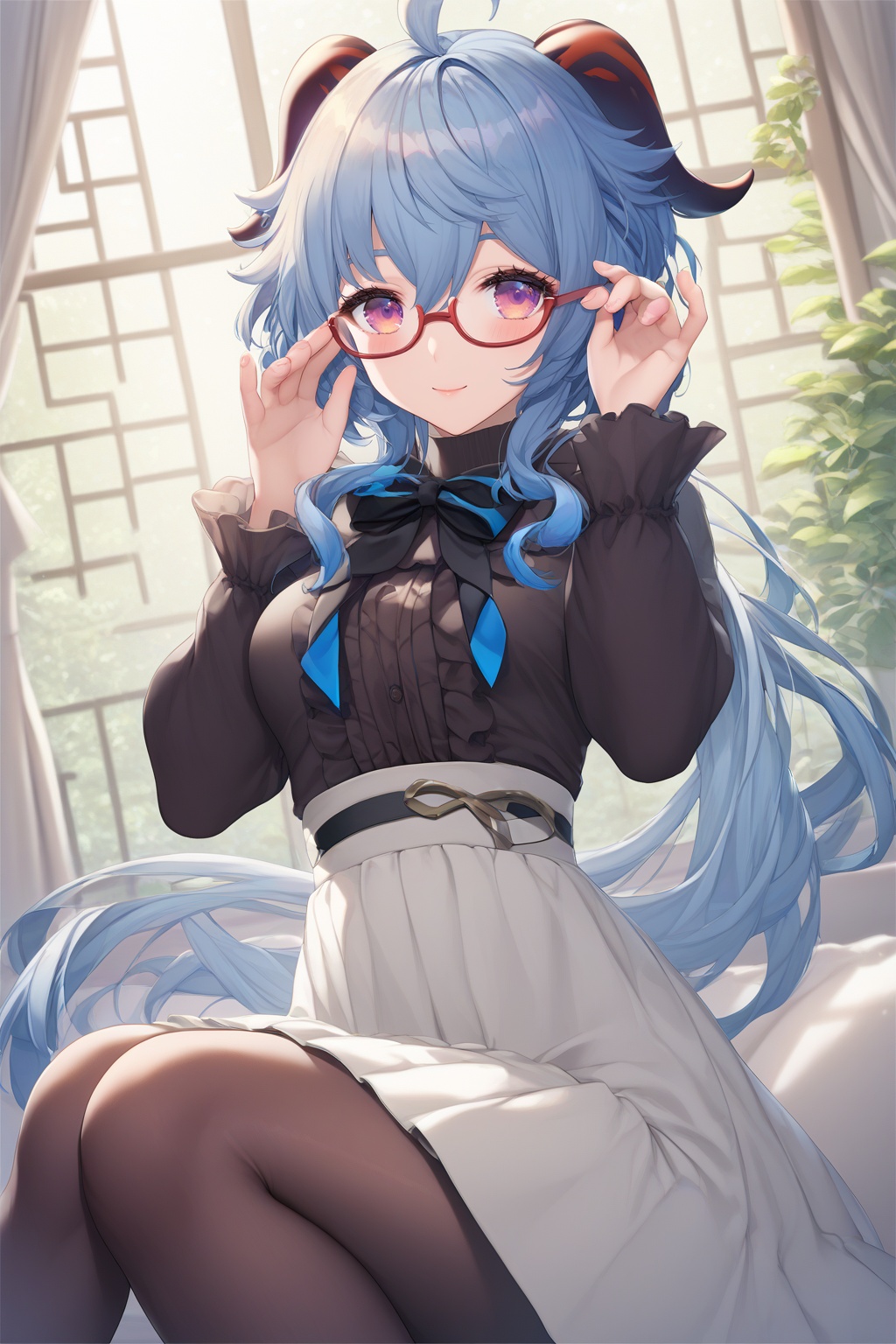 score_9,score_8_up,score_7_up,score_6_up,source_anime,source_cartoon,<lora:ganyuTuPONYXL-000008:1>,ganyu \(china merchants bank\), ganyu \(genshin impact\), 1girl, solo, horns, blue hair, high-waist skirt, glasses, blue bow, long hair, shirt, black pantyhose, black shirt, red-framed eyewear, smile, shirt tucked in, looking at viewer, ahoge, frilled shirt, long sleeves, turtleneck, frilled sleeves, sidelocks, frills, purple eyes, adjusting eyewear, sitting, breasts, medium breasts, blush, window, knees up, indoors, black bowtie