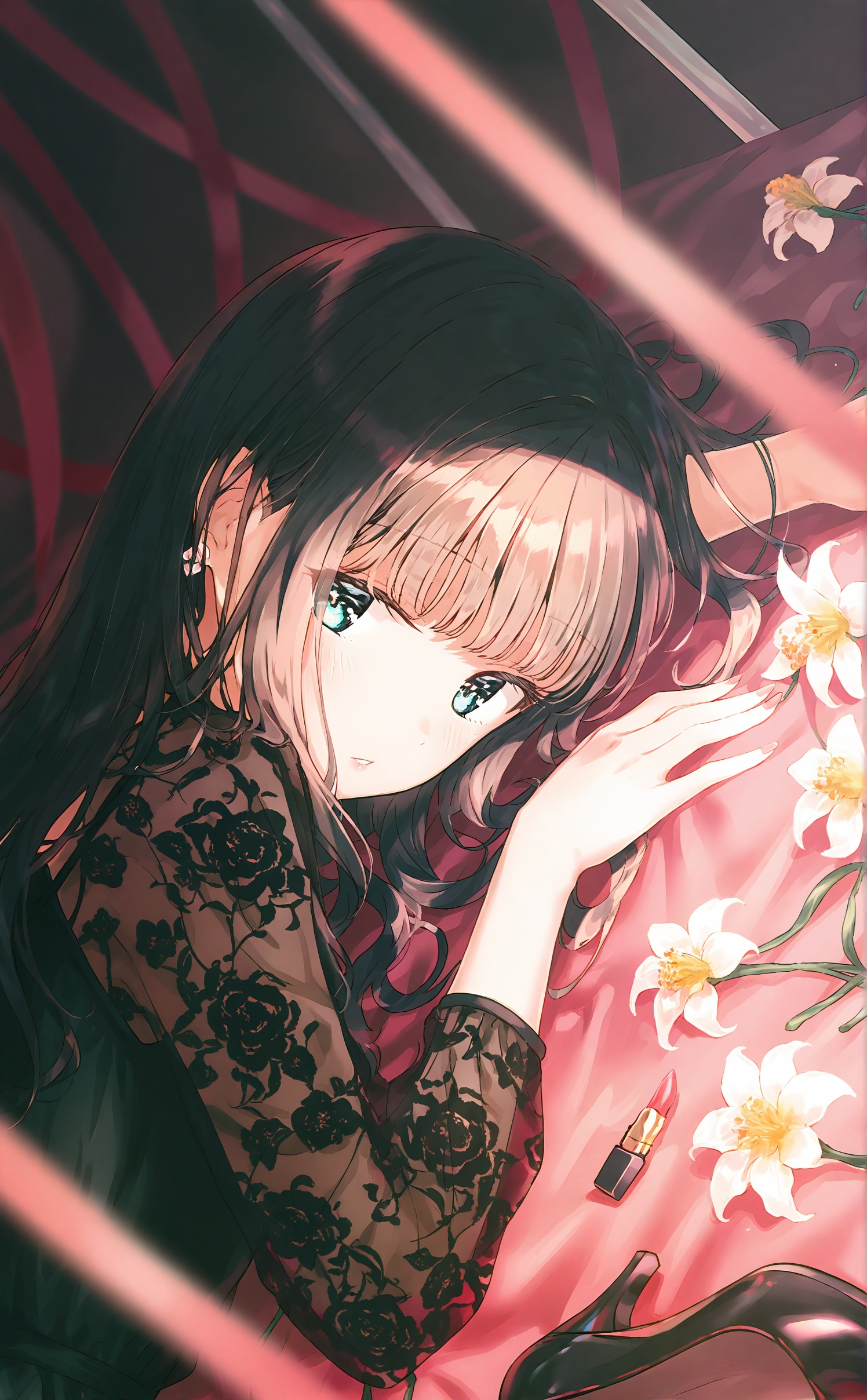 best,1girl,flower,lipstick tube,solo,cosmetics,earrings,long hair,high heels,white flower,lying,dress,long sleeves,looking at viewer,unworn shoes,black dress,jewelry,shoes,blurry foreground,on stomach,black footwear,blurry,parted lips,depth of field,brown hair,pink flower,green eyes,see-through,upper body,blush,black hair,flower earrings,ribbon,blunt bangs,looking to the side,see-through sleeves,red ribbon,nail polish,cover,lipstick,dutch angle,blue eyes,english text,sidelocks,closed mouth,makeup,floral print,fingernails,<lora:hiten1536up-000007:1>,
