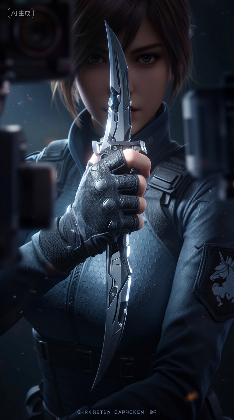 3D角色海报, 一名女性特战队员的胸像特写,她用戴着战术手套的左手将一把造型复杂的战术刀紧握在胸前,虚拟摄像机视角聚焦于手部和武器,营造出紧张的对峙感,背景环境模糊不清,空气中漂浮着微小的尘埃粒子,角色的服装是带有蜂窝纹理的紧身战术服,手臂上还佩戴着一个带有独角兽图案的臂章,画面整体色调偏冷,光影对比强烈,突出了武器和手套的PBR材质细节, 高精度游戏资产, PBR写实渲染, 手部特写, 戏剧性光影, 浅景深, 战术装备, 电影感调色, 4K高清纹理, 体积光, 角色概念设计,, Negative prompt: ng_deepnegative_v1_75t,(badhandv4:1.2),EasyNegative,(worst quality:2),,nsfw, Steps: 30, Sampler: Euler, CFG scale: 1.0, Seed: 1665099909, Size: 928x1664, Model hash: 98763a1277, Model: Qwen-Image_1.0.safetensors, Denoising strength: 0, RNG: CPU, Lora 1: 【摸鱼】3D, Lora Hash 1: 2106c5bf96, Lora Weight 1: 0.8, Lora 2: 【摸鱼】创意电商场景_电商产品场景, Lora Hash 2: 8df046f041, Lora Weight 2: 0.4, Lora 3: Qwen-Image-Lightning-8steps-V1.1-bf16.safetensors, Lora Hash 3: fe04c3ec1d, Lora Weight 3: 0.6, vae_name: automatic