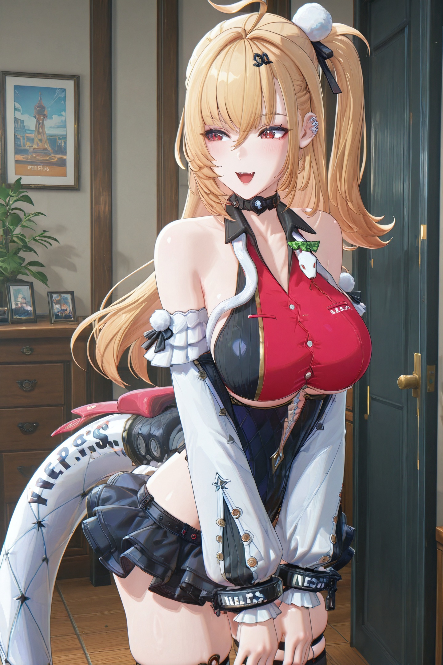 3D Modeling Style,Cissia \(zenless zone zero\),1girl,thighhighs,solo,breasts,long hair,blonde hair,red eyes,detached sleeves,open mouth,large breasts,ahoge,black thighhighs,smile,thigh strap,blush,standing,ear piercing,skindentation,piercing,pom pom hair ornament,mechanical snake tail,hairclip,Cissia's hairclip,black and red leotard,black frilled skirt,green bow snake,snake around neck,v arms,<lora:Cissia_illustriousXL:1>,
