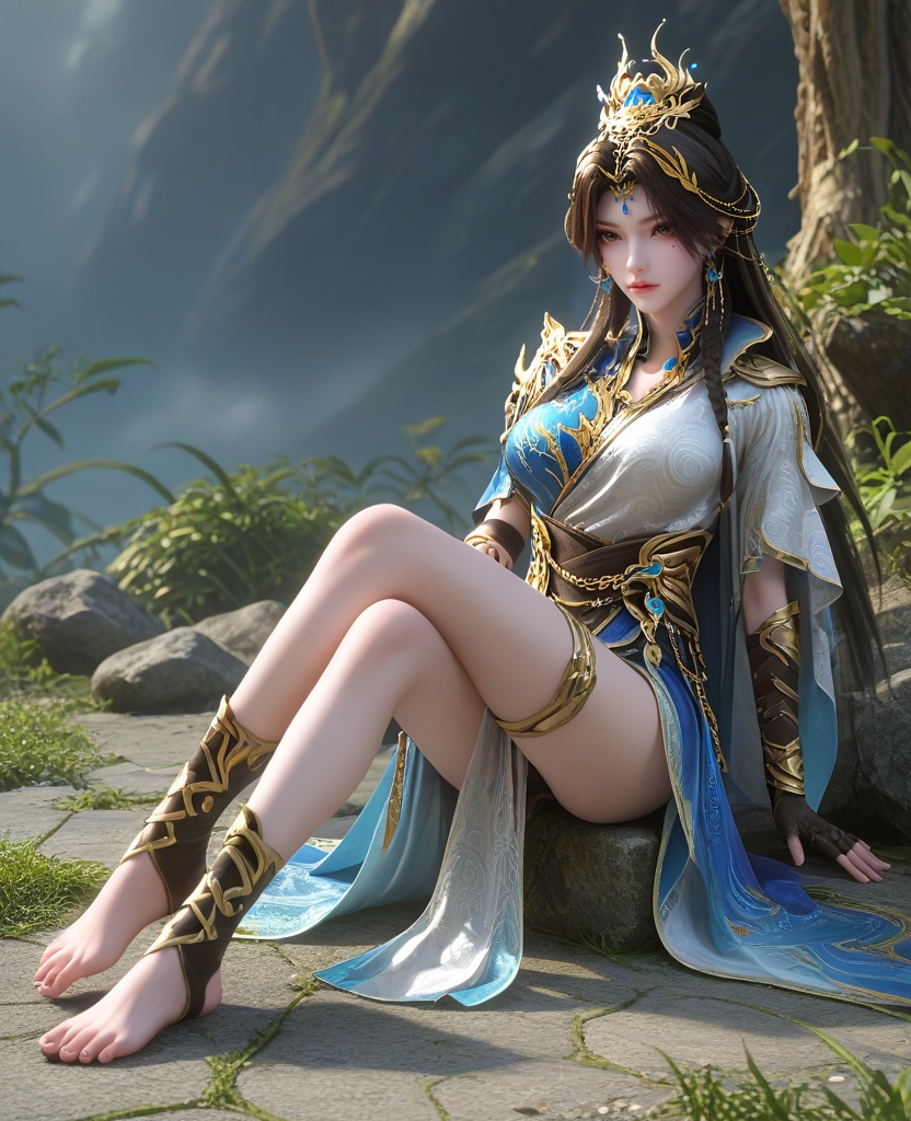 (Feet crossed at the ankles, seated:1.1),(large breasts:1.2),<lora:XL16云深不知梦羲和第20集‌跃灵谷:0.95>,miss xihe,white and blue tiered hanfu,brown eyes,mole under left eye,black hair,very long hair,draped looped buns with front braid,hair ornament,jewelry,black fingerless gloves,cape,, score_9,score_8_up,score_7_up,score_6_up,score_5_up,score_4_up,3d rendering,tag1,tag2, Cinematic Lighting,backlighting,