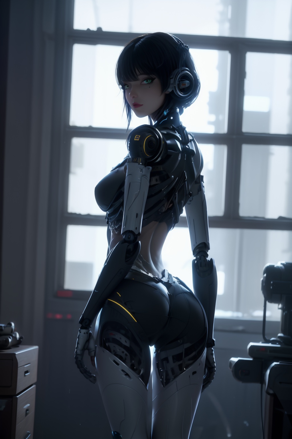 1girl,lowleg panties,ass visible through thighs,masterpiece,best quality,highly detailed,hair ornament,skinny,,(seductive smile:0.5),looking at viewer,indoor,luxury bedroom,crop top,purple hoodie,(black panties),(looking at viewer:1.5),(looking back:1.5),black thighhigh,large breasts,black hair,long hair,ass,from behind,bent over,ash,1girl,green eyes,android,black hair,looking at viewer,robot joints,solo,breasts,mechanical parts,short hair,joints,cyborg,blurry background,lips,medium breasts,science fiction,cyberpunk,bangs,depth of field,xuer cyberwarrior,