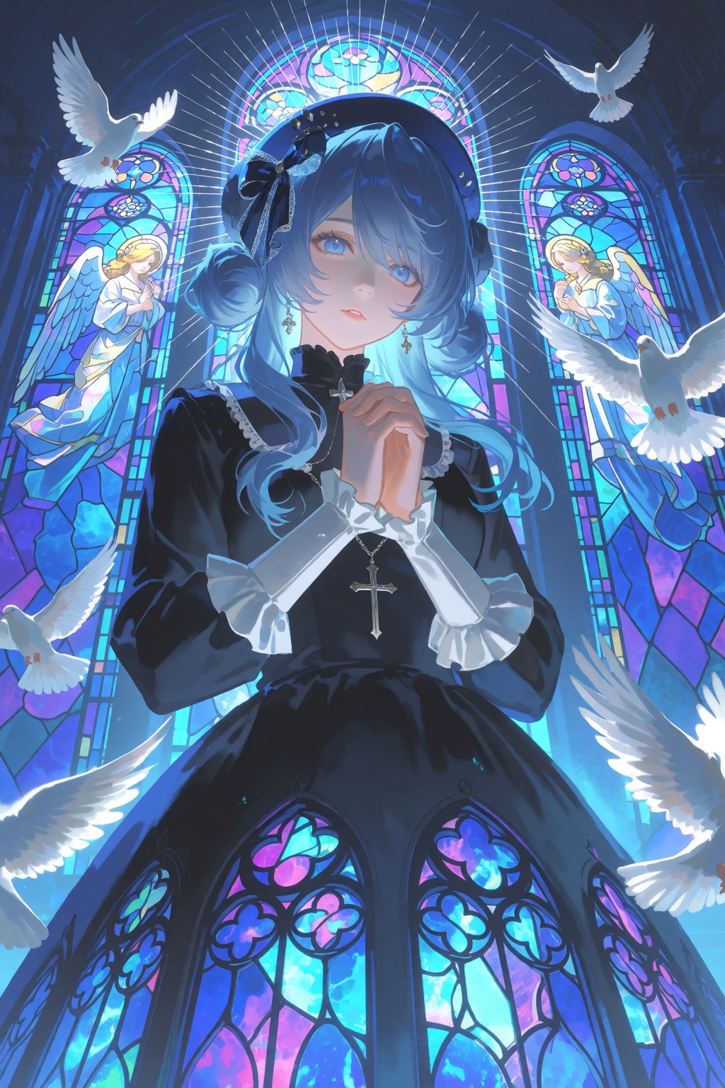 A pretty woman with long,  wavy light blue gradient hair in twin buns and a hime cut clasps her hands together in prayer,...