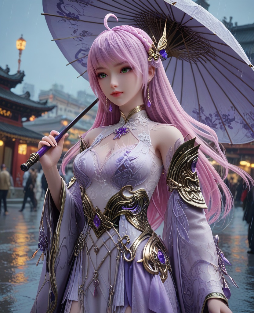 (oriental architecture, elegant decor, sophisticated style:1.1),(Standing on a city street, holding an umbrella in the rain, looking upward,:1.1),(breasts:1.2),<lora:XL16克金玩家林紫玥转职:0.95>,miss linziyue,lavender tiered high-low dress,green eyes,pink hair,ahoge,long hair,half-up crown braid with long cascading hair,jewelry,earrings,rerebrace,sash,detached sleeves,white single thighhigh with embroidery,crystal halo,, score_9,score_8_up,score_7_up,score_6_up,score_5_up,score_4_up,3d rendering,tag1,tag2, Cinematic Lighting,backlighting,, zPDXL3, zPDXL2,zPDXL, zPDXLxxx, zPDXLrl,