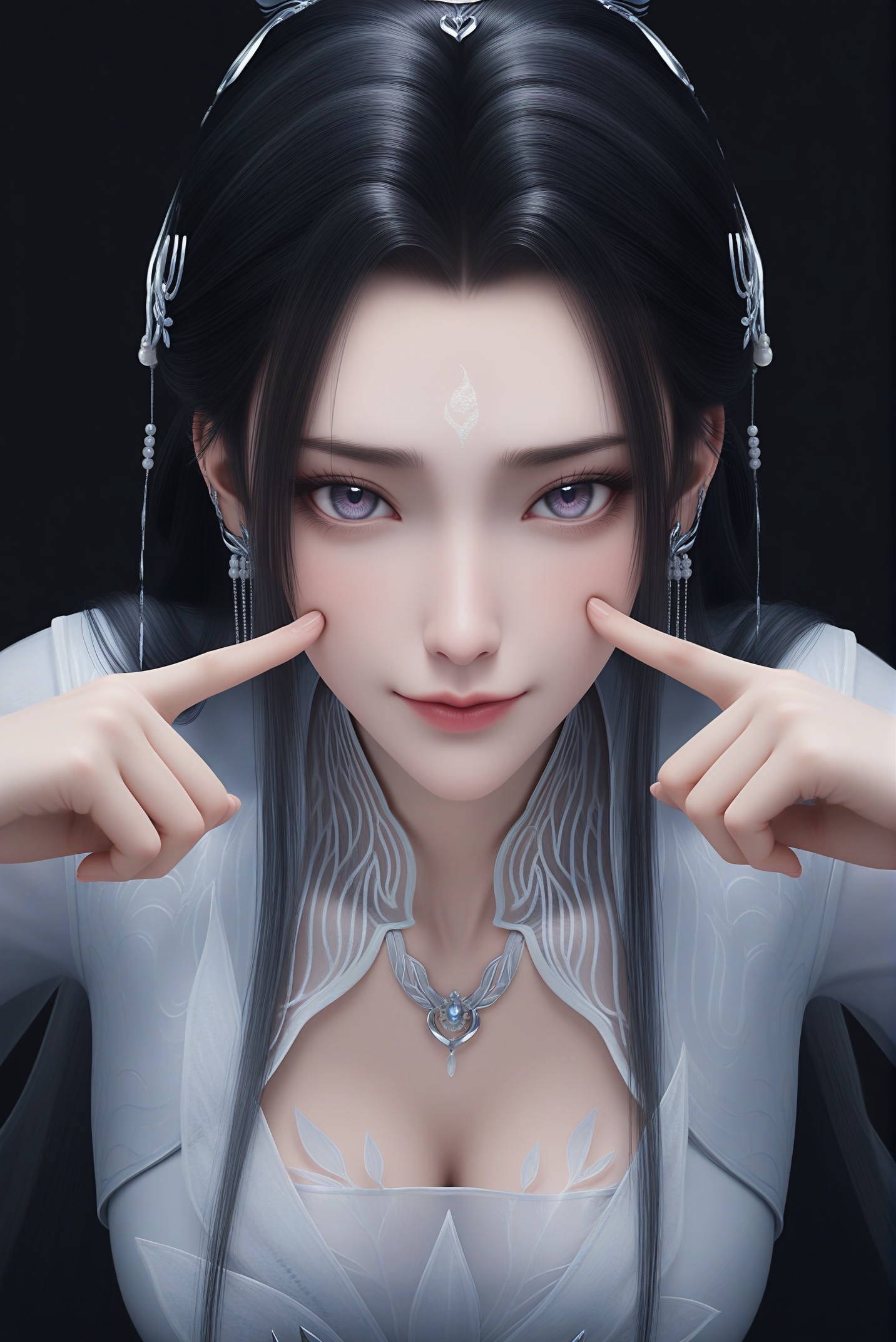 masterpiece,best quality,absurdres,highres,1girl,solo,<lora:新-陆雪琪-ill:0.85>,luxueqi,long hair,black hair,hair ornament,jewelry,earrings,forehead mark,hair bun,hair ribbon,grey_eyes,purple_pupils,BREAKcollarbone,sheer overlay,necklace,dress,belt,cleavage,looking at viewer,front view,light blush,light smile,(fingersmile:1.1),BREAKsimple background,black background,