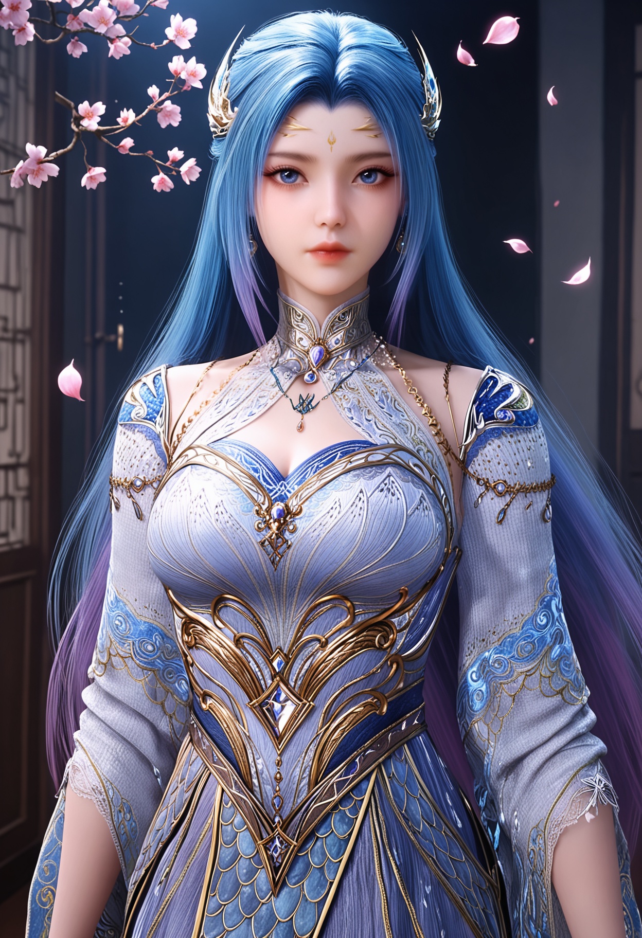 (upper_body:1.2),(looking at viewer:1.1),facing viewer,direct gaze,(masterpiece:1.1),(best quality:1.2),(intricate details),(smog:1.3),(Dark room:1.3),(dim lighting:1.3),peach blossom,falling petals,<lora:YQ_Illustrious光辉v5_唐舞桐_服装3_V2:0.8>,1girl,q1528437228,solo,long hair,hair ornament,blue eyes,jewelry,dress,earrings,detached sleeves,necklace,forehead mark,masterpiece,(best quality),(intricate details:0.9) BREAK (intricate details:0.9),(realistic skin:1.2),masterpiece,best quality,newest,absurdres,hiahres,