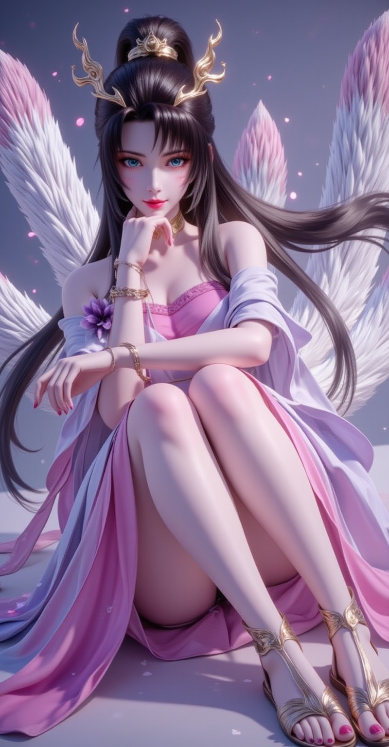 <lora:天狐仙子·优化8:1.1>,tianhuxianzi,long hair,hair ornament,black hair,multiple tails,tail,jewelry,blue eyes,1girl,solo,long hair,multiple tails,tail,sandals,black hair,dress,sitting,ponytail,hair ornament,bracelet,jewelry,1,cover,gradient background,close-up details,outstanding style,adding a touch of dimension to your images without compromising details,close-up,<lora:DJ滤镜_2.5D版:0.3>,lvjing,<lora:油画唯美滤镜15:0.2>,baoshi,