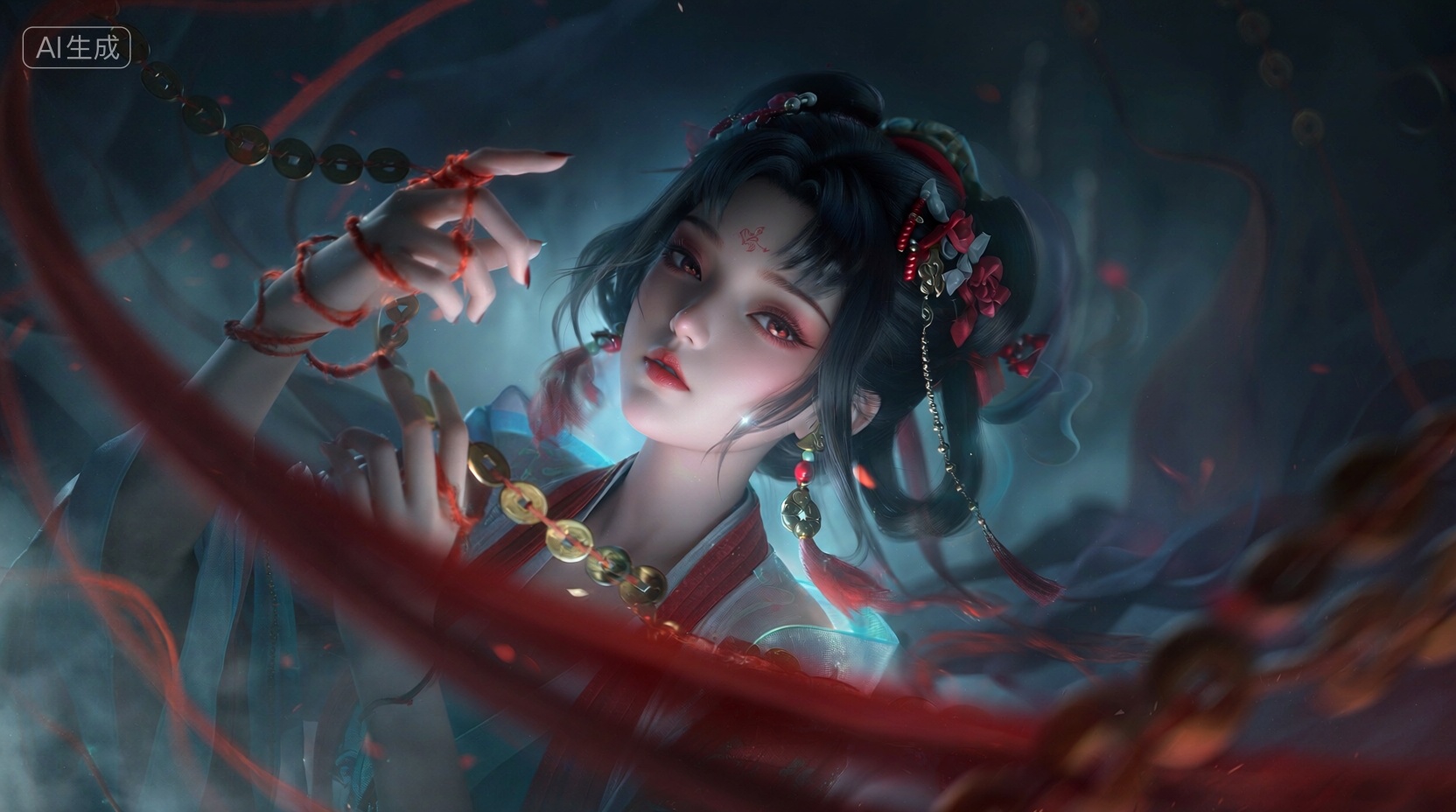 人物插画,叠涂,弥散渐变,色彩饱满有层次,古风模糊深色背景,画面昏暗,阴冷,少女,古代发型,手指缠着发光的红线,诡异民俗风格,红线,小铜钱,流动感,神秘,氛围感拉满,模糊雾气,冷色调,繁复垂坠,画面光影明暗对比,模糊红线前景,倾斜构图,仰视角度,, Negative prompt: ng_deepnegative_v1_75t,(badhandv4:1.2),EasyNegative,(worst quality:2),,nsfw, Steps: 40, Sampler: Euler, CFG scale: 1.0, Seed: 2826545165, Size: 1664x928, Model hash: 98763a1277, Model: Qwen-Image_1.0.safetensors, Denoising strength: 0, RNG: CPU, Lora 1: 【摸鱼】3D, Lora Hash 1: 2106c5bf96, Lora Weight 1: 0.8, Lora 2: 【摸鱼】3D电商渲染级KV海报_创意视觉表达, Lora Hash 2: ce1227b095, Lora Weight 2: 0.4, Lora 3: Qwen-Image-Lightning-8steps-V1.1-bf16.safetensors, Lora Hash 3: fe04c3ec1d, Lora Weight 3: 0.6, vae_name: automatic