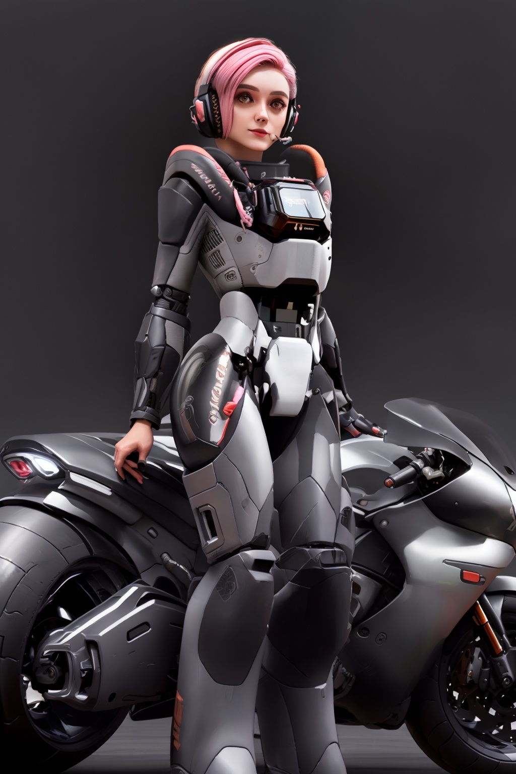 <lora:lida_15_v4:1:lbw=KEEPCHAR>,lida,1girl,solo,headset with microphone,futuristic armored suit,wearing a futuristic armored suit,looking at viewer,short hair,full body,grey background,armor,lips,bodysuit,piercing,ground vehicle,ear piercing,motor vehicle,science fiction,breastplate,motorcycle,cyborg,power armor,helmet removed,standing,a female character with pink hair,standing next to a futuristic motorcycle,she is wearing a sleek,armored suit with various tech components including a chest plate and wrist guards and thigh guards,the suit is predominantly gray with some black accents,she also has a badge or emblem on her chest,the motorcycle is dark gray with the word 'dace' written on it,the background is a muted gray,emphasizing the character and the motorcycle,