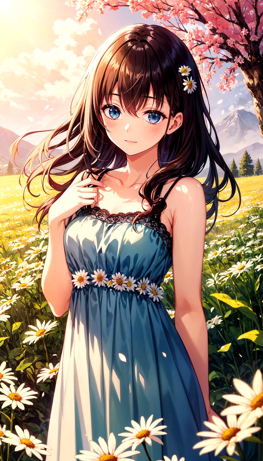 A young girl in a soft blue sundress with delicate lace trimmings is gently holding a bouquet of wildflowers near her face...