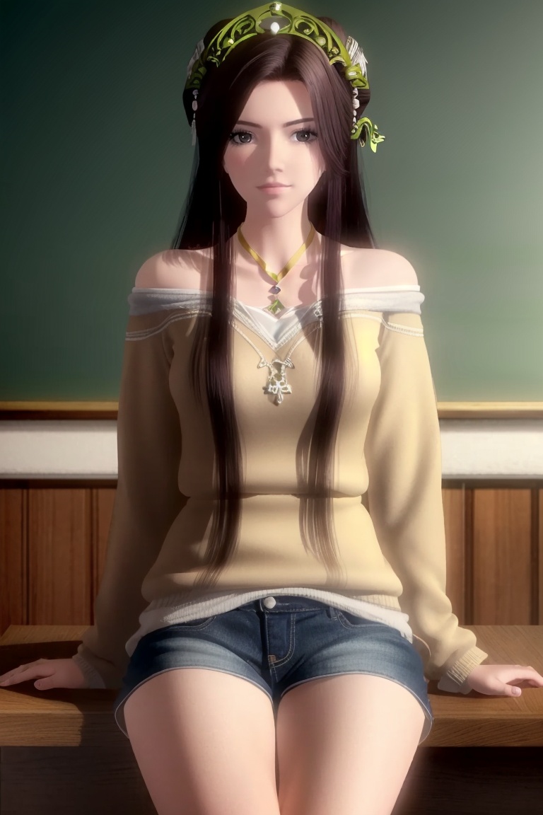 ((HRD, HUD, 8K)),((masterpiece, best quality)), highly detailed, soft light,1girl, solo, long hair, hair ornament, black hair, brown hair, brown eyes, lips,(off-shoulder sweater:1.2), denim shorts,blurry background, classroom, chalkboard, sitting, cowboy shot, looking at viewer, <lora:20240506-1714960445475:0.7>