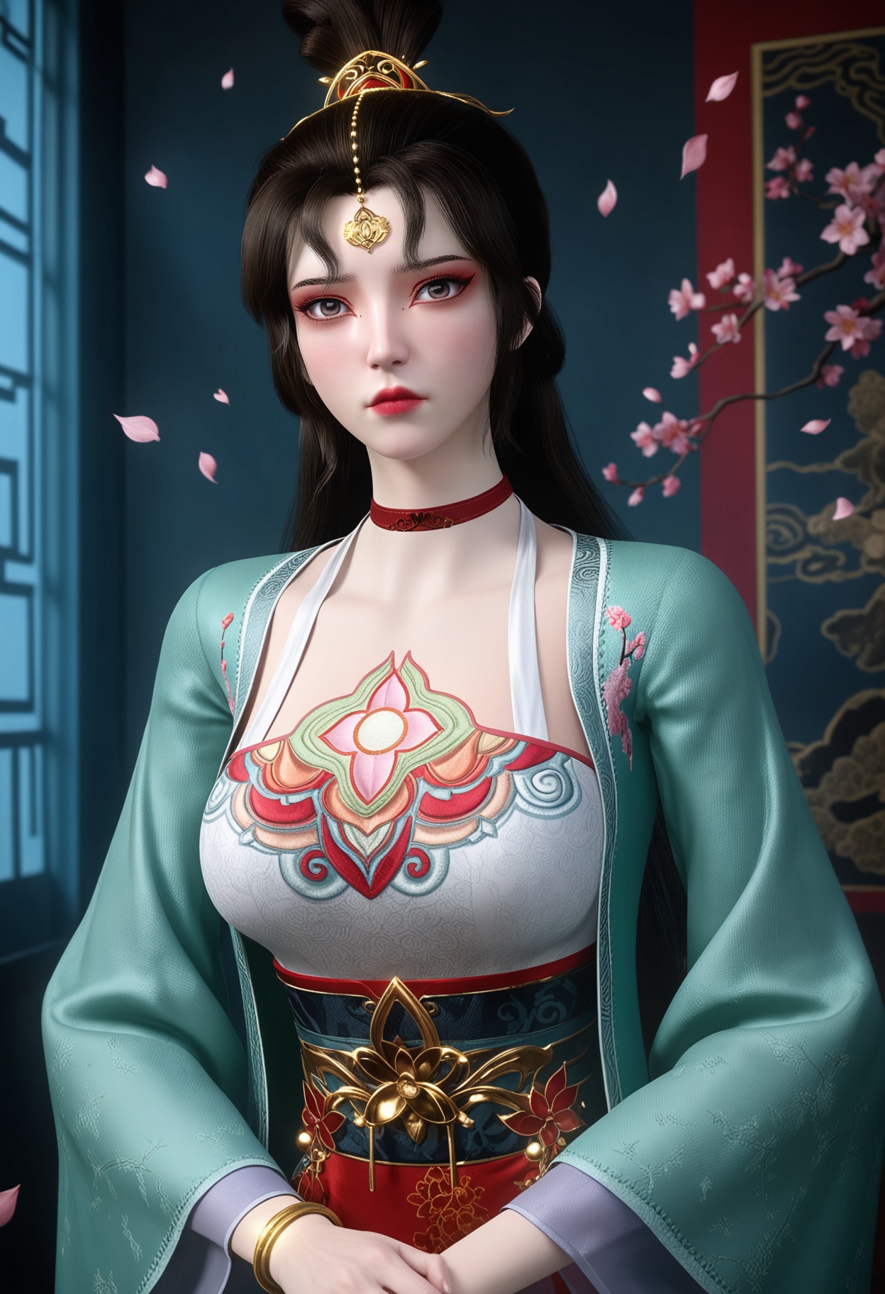 (upper_body:1.2),(looking at viewer:1.1),masterpiece,(best quality),smog,Dark room,dim lighting,peach blossom,falling petals,<lora:YQ_Illustrious光辉v5_墨云_V1:0.8>,q1528437228,1girl,solo,black hair,long hair,choker,red choker,hair ornament,dress,chinese clothes,long sleeves,jewelry,forehead mark,bracelet,wide sleeves,hair bun,brown hair,mole under eye,brown eyes,eyeshadow,red footwear,