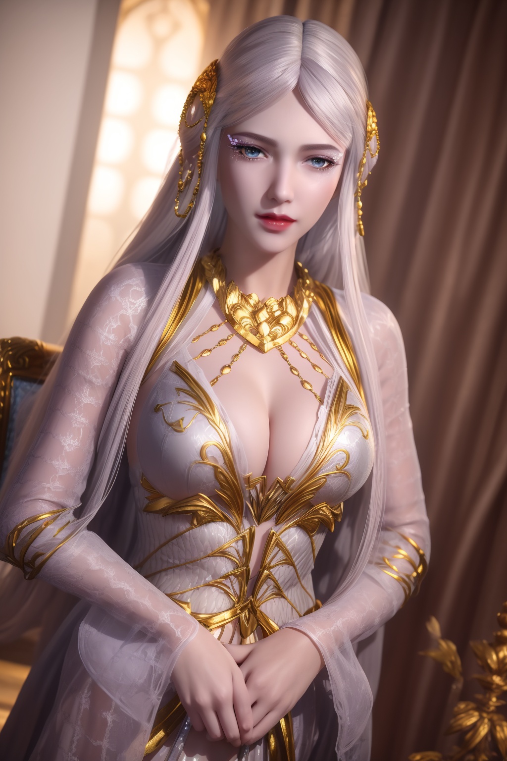 ltra realistic 8k cg, flawless, clean, masterpiece, professional artwork, famous artwork,cinematic lighting, cinematic bloom, perfect face, beautiful face,shenfengBaiLong,1girl, solo,red lips,jewelry,smile, dress,white dress,bangs,circlet,eyelashes,eyeshadow,standing, long hair, white hair,gold chain,makeup,necklace,looking at viewer,hair ornament,breasts,large breasts,cleavage,hiqcgbody,<lora:shenfengBaiLong_20231217162206-000004:0.7>,