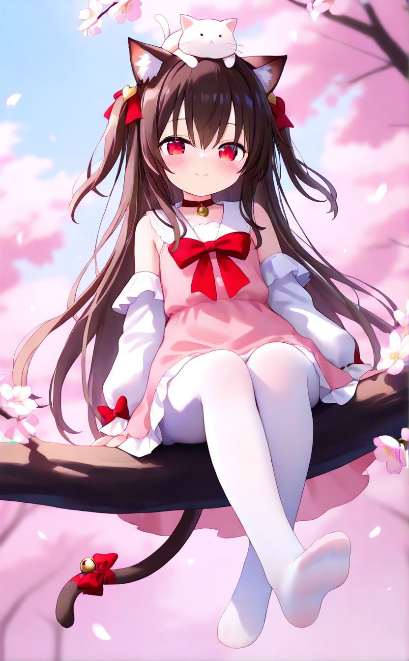 masterpiece,very aware,highres,absurdres,newest,best quality,loli,petite,high quality,chromatic_aberration,cinematic_angle,dutch angle,blurry_foreground,A light gradient background with white on top and brown at the bottom,student,"Girl",//,1girl,animal ears,no shoes,long hair,feet,solo,pantyhose,loli,sitting,red eyes,soles,bangs,hair ornament,looking at viewer,brown hair,cat ears,white pantyhose,cat,animal ear fluff,toes,detached sleeves,bow,blush,skirt,heart,ribbon,tree,animal on head,dress,very long hair,animal,closed mouth,outdoors,red ribbon,cherry blossoms,pink dress,full body,bell,tail,on head,smile,long sleeves,hair between eyes,heart hair ornament,bare shoulders,blurry,branch,red bow,in tree,sitting in tree,legs,flower,//,//,official art,blurry background,depth of field,detailed light,best shadow,shiny skin,cinematic lighting,ray tracing,amazing quality,very aesthetic,absurdres,beast quality,ultra detailed,newest,8K,HDR,full_shot,//,<lora:lora:1>,