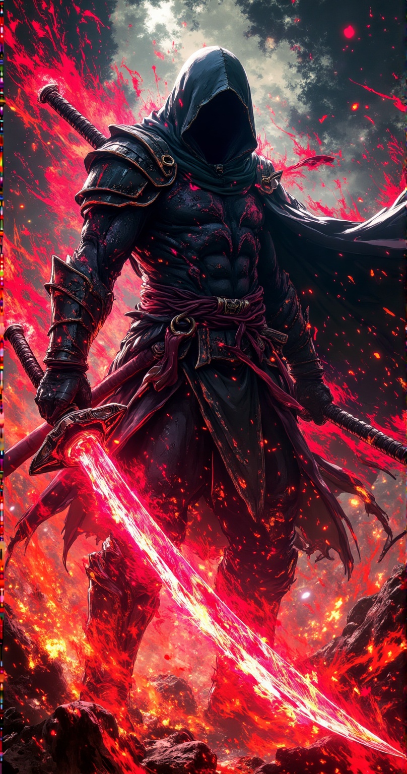 colorful,this spectral warrior emerges—a swirling storm of darkness and fury. Cloaked in shadows and wielding a blade that cuts through reality itself, he is both chaos and silence, destruction and art. Ink and energy fuse together, creating a figure that defies form yet commands presence. Is he a guardian of the void or a harbinger of doom, The answer lies in the whispers of the darkness he commands.