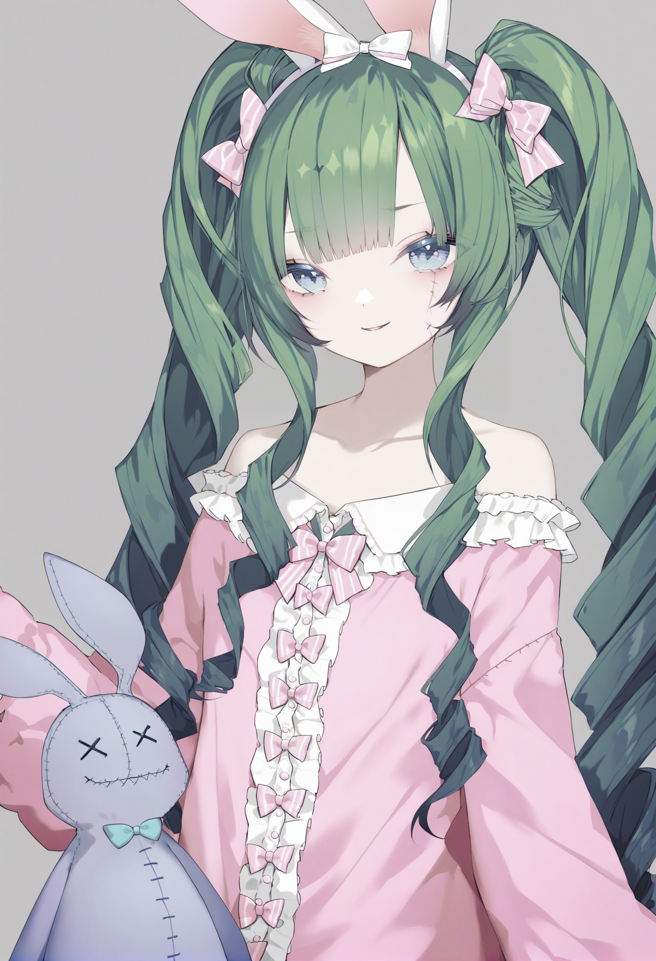 masterpiece, best quality,1girl,   solo, blue eyes, green hair, drill hair, animal ears, smile, rabbit ears, hair bow, looking at viewer, pink bow, frills, long hair, bangs, closed mouth, close-up, simple background, stuffed toy, grey background, underwear, twin drills, pink pajamas, pajamas, blue bow, fake animal ears, raised eyebrows, bow, frilled bow, stitches, twintails, bare shoulders, buttons, pajamas pull, :d <lora:kotrou020XLlokr8f-000180:0.95>