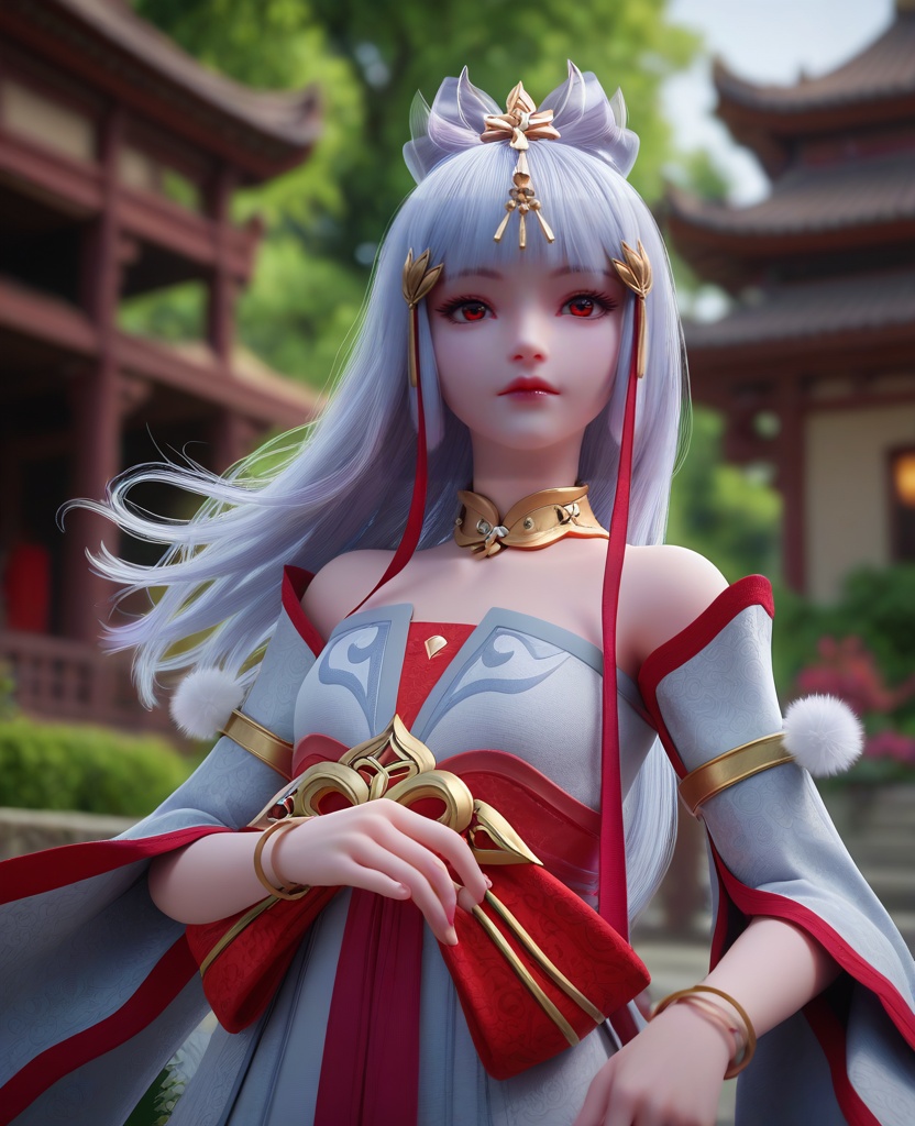 (oriental architecture, elegant decor, sophisticated style:1.1),Bending down to smell a flower, expressing a moment of joy and appreciation,,(breasts:1.2),<lora:XL完美世界太阴玉兔:0.8>,miss taiyinyutu,petite girl,solo,white strapless dress,detached sleeves,red eyes,white hair,long hair,blunt bangs,hair bow,hair ribbon,lips,bow sash of red,jewelry,bangle,choker,pom pom \(ornament\),chiffon  petticoat,clothing patterns,eyelashes,, zPDXL2, score_9, score_8_up, score_7_up BREAK realistic, masterpiece,best quality, highly detailed,, zPDXL3, zPDXL2,zPDXL, zPDXLxxx, zPDXLrl,