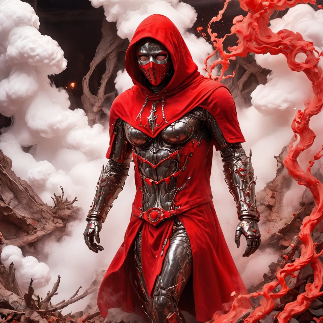 aw0k euphoricred style,  a masked mysterious cloaked figure surrounded by swirling steam smoke and sparks,  an anime drawi...
